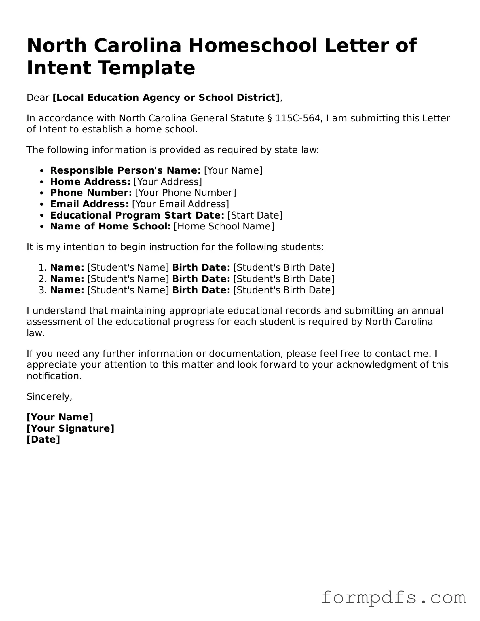 Printable Homeschool Letter of Intent Form for the State of North Carolina
