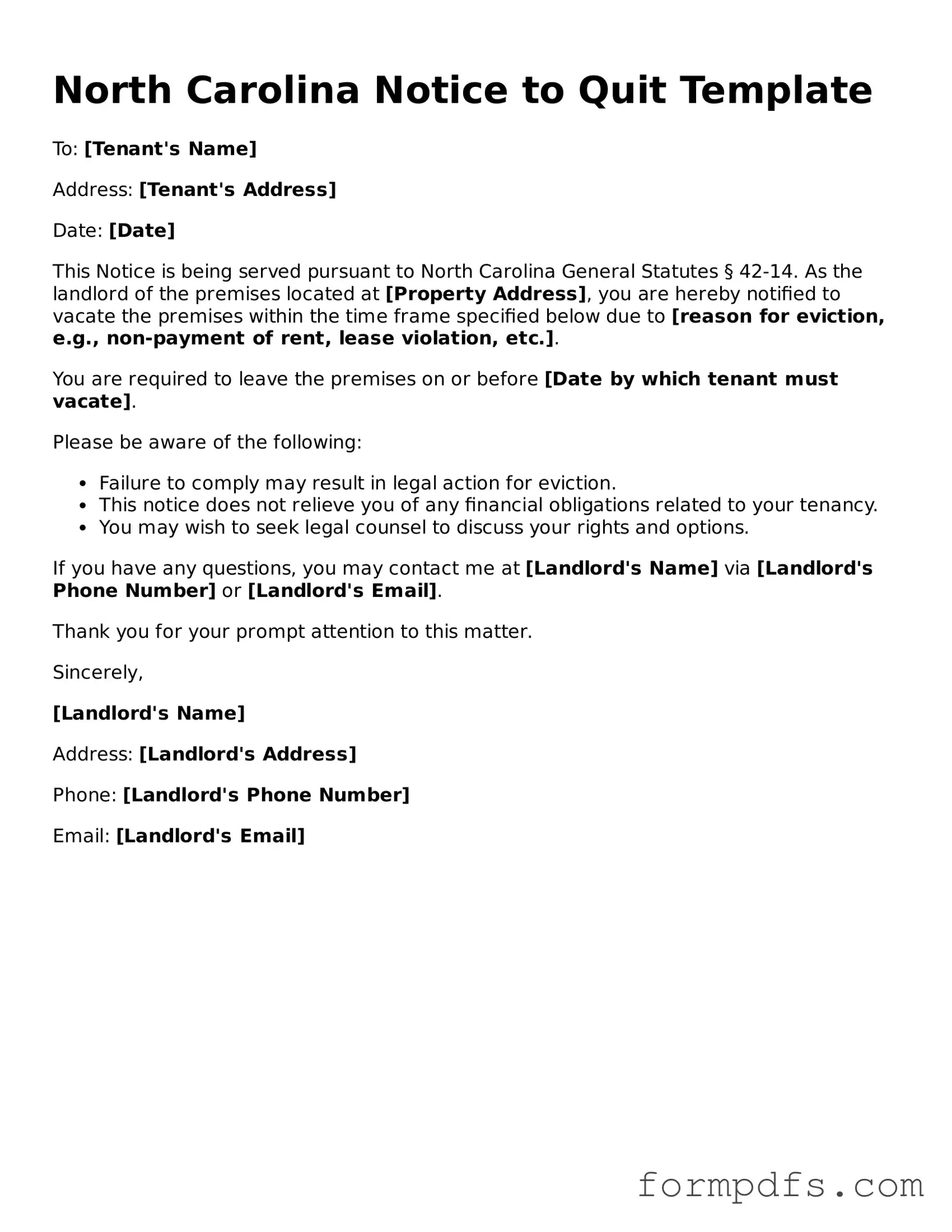 Printable Notice to Quit Form for the State of North Carolina