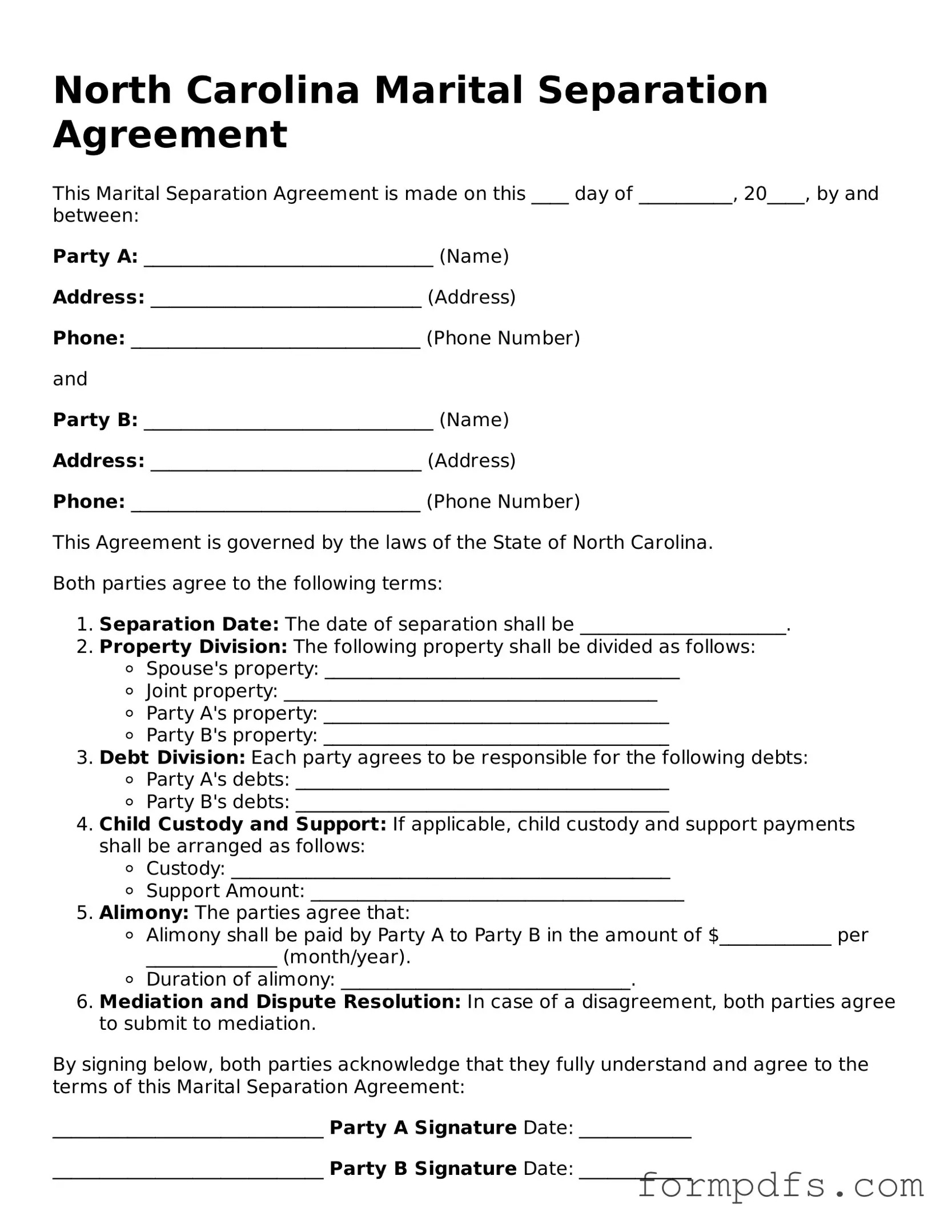 Printable Marital Separation Agreement Form for the State of North Carolina