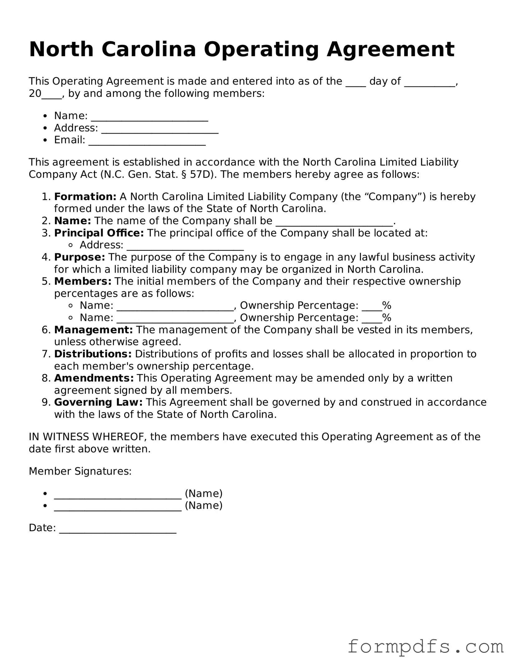Printable Operating Agreement Form for the State of North Carolina