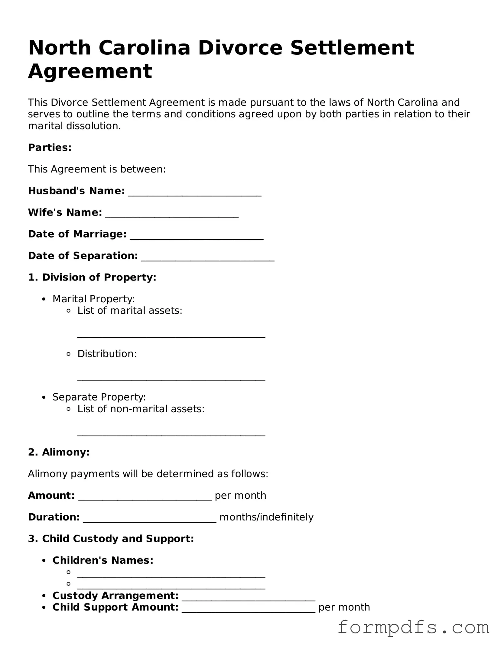 Printable Divorce Settlement Agreement Form for the State of North Carolina