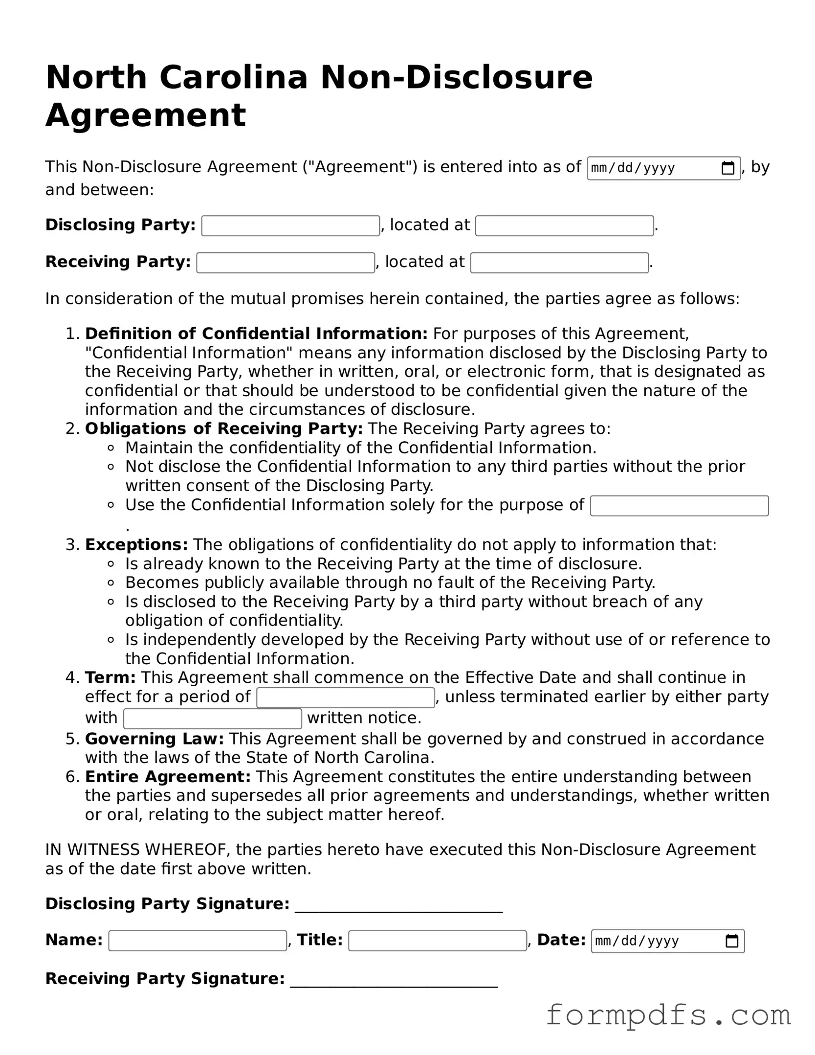 Printable Non-disclosure Agreement Form for the State of North Carolina