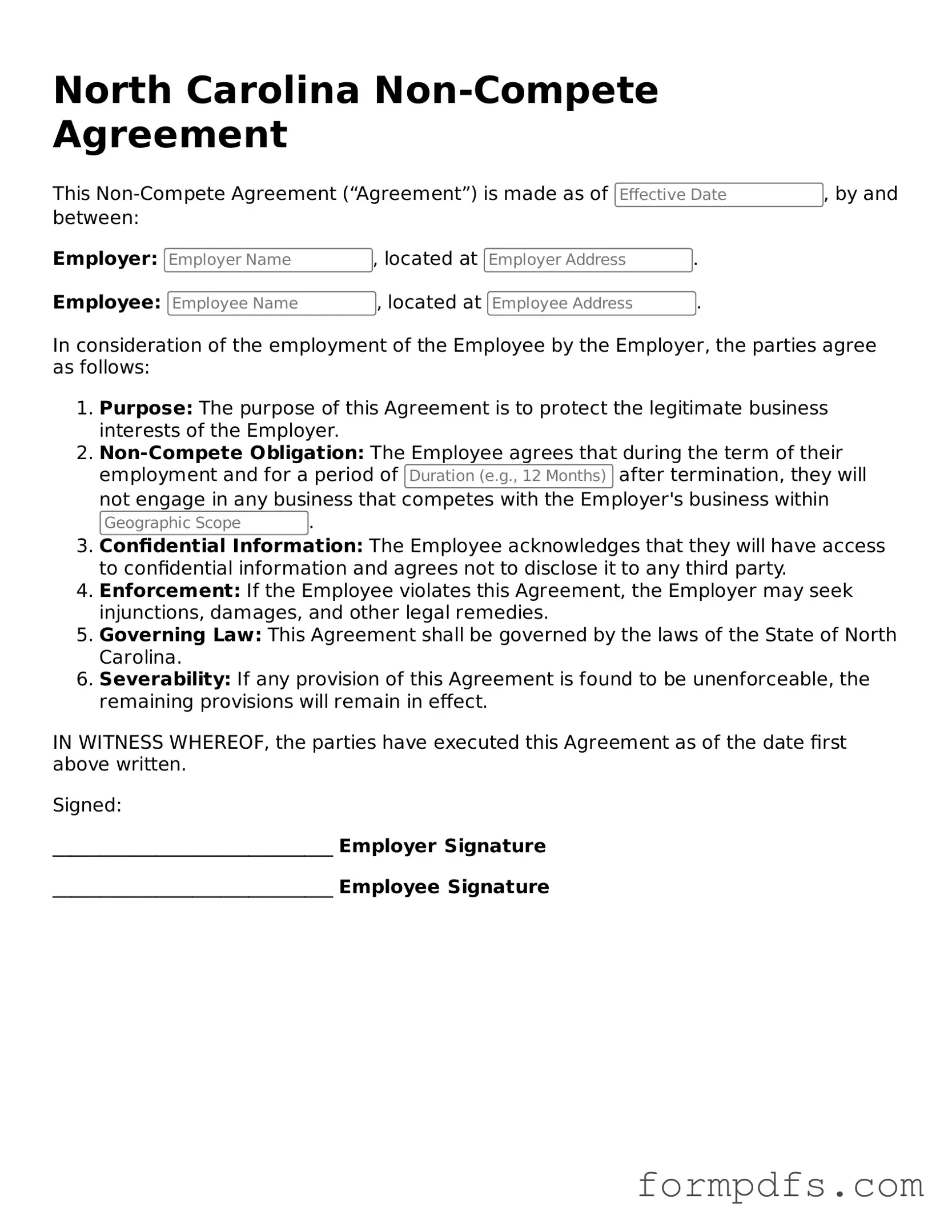 Printable Non-compete Agreement Form for the State of North Carolina