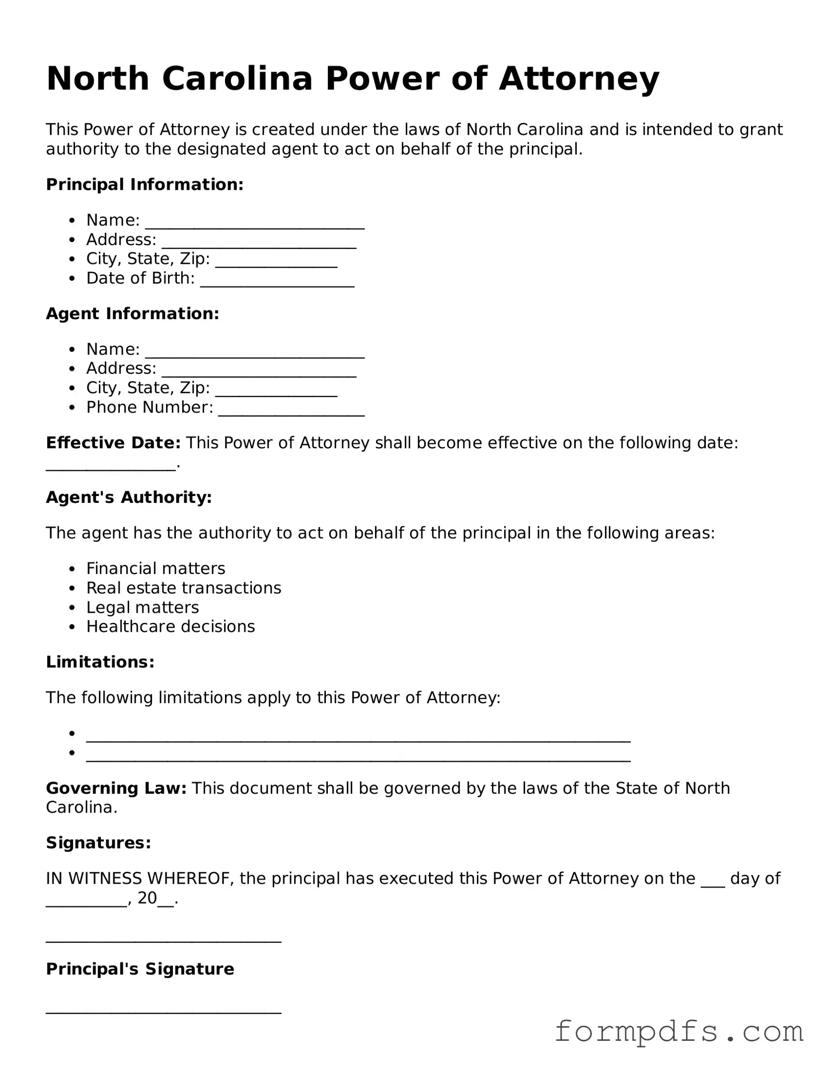 Printable Power of Attorney Form for the State of North Carolina