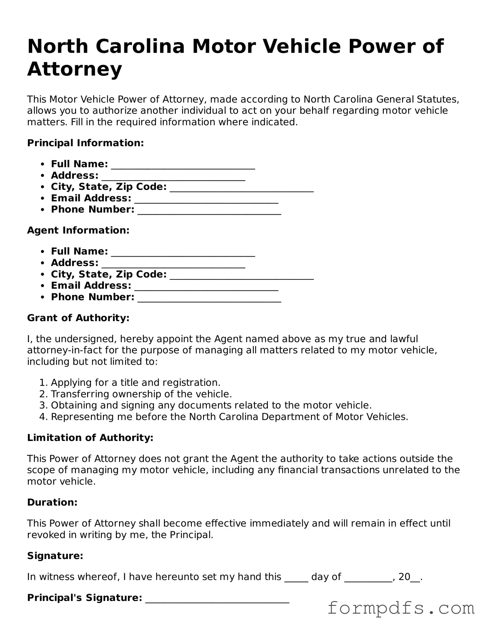 Printable Motor Vehicle Power of Attorney Form for the State of North Carolina