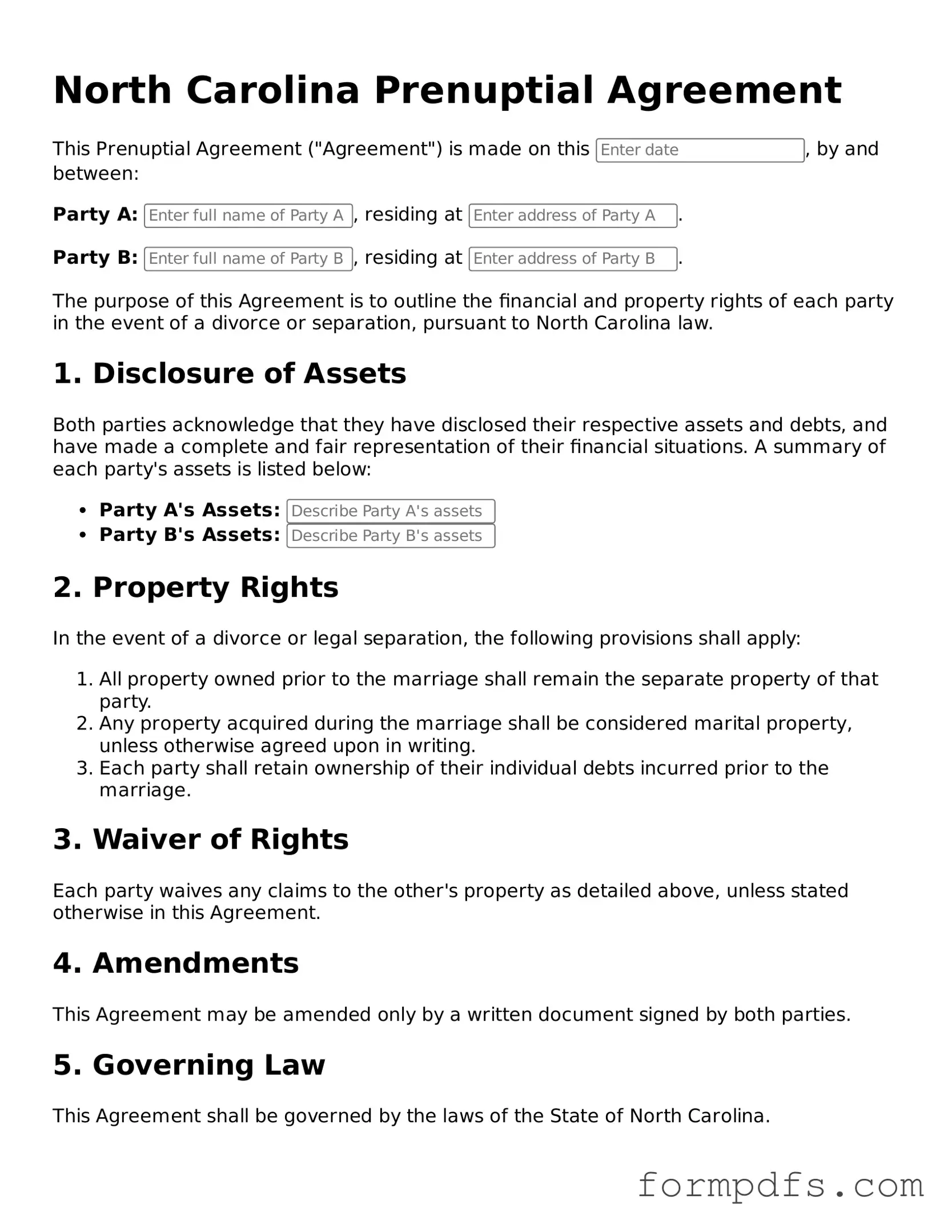 Printable Prenuptial Agreement Form for the State of North Carolina