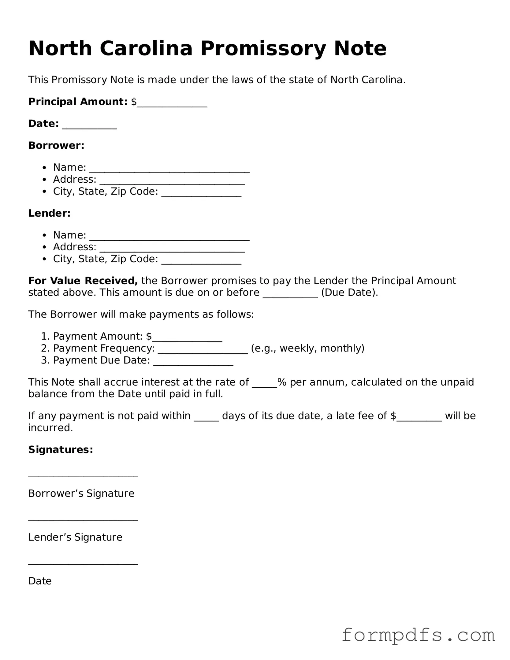 Printable Promissory Note Form for the State of North Carolina