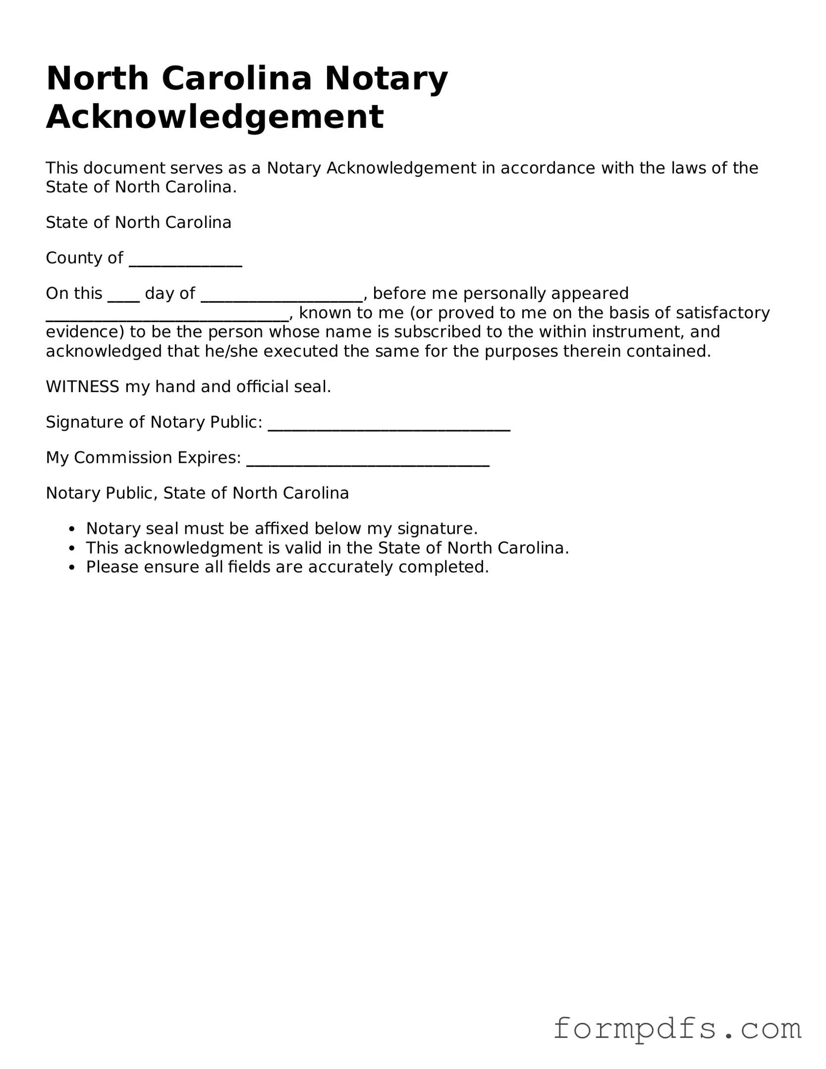 Printable Notary Acknowledgement Form for the State of North Carolina