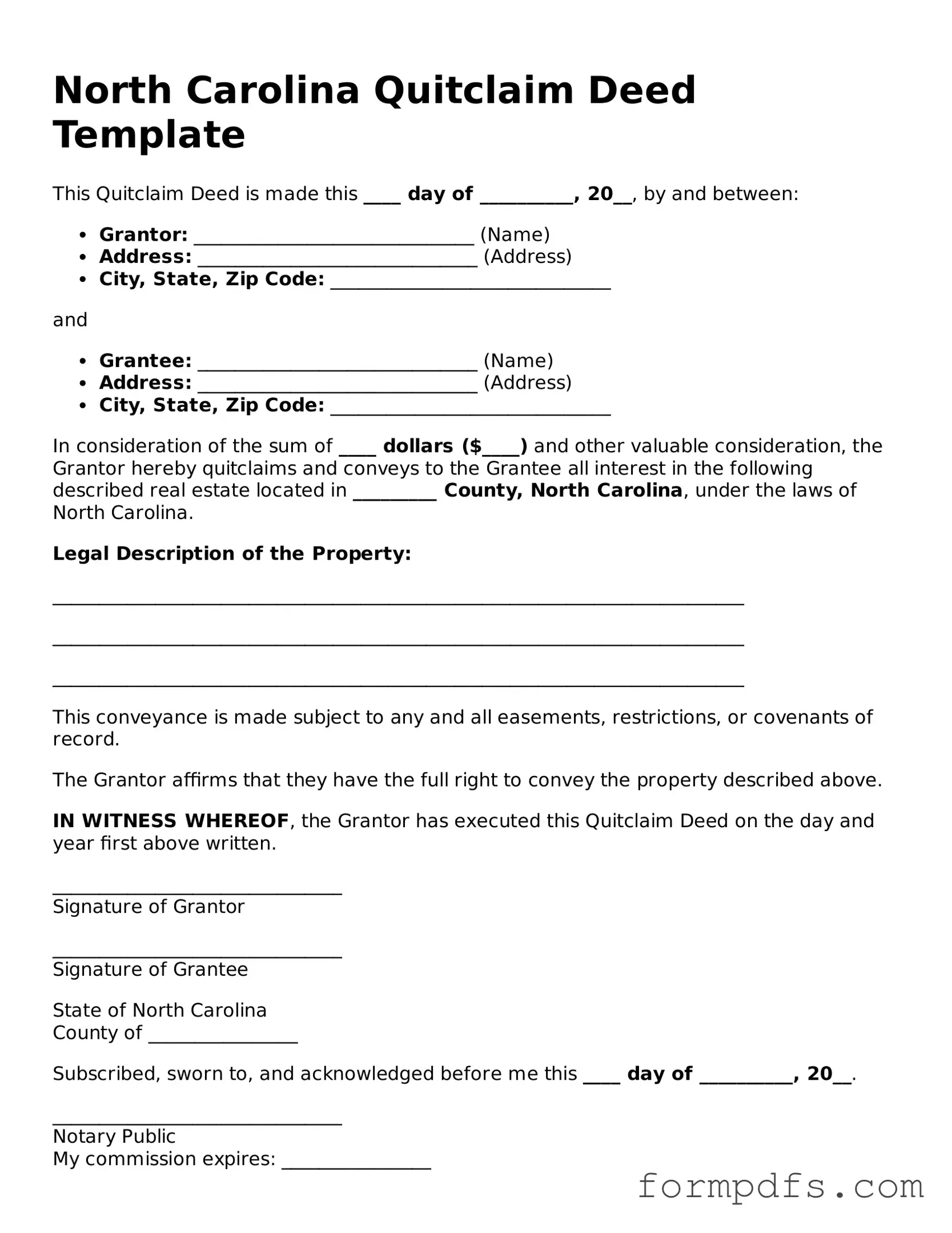 Printable Quitclaim Deed Form for the State of North Carolina