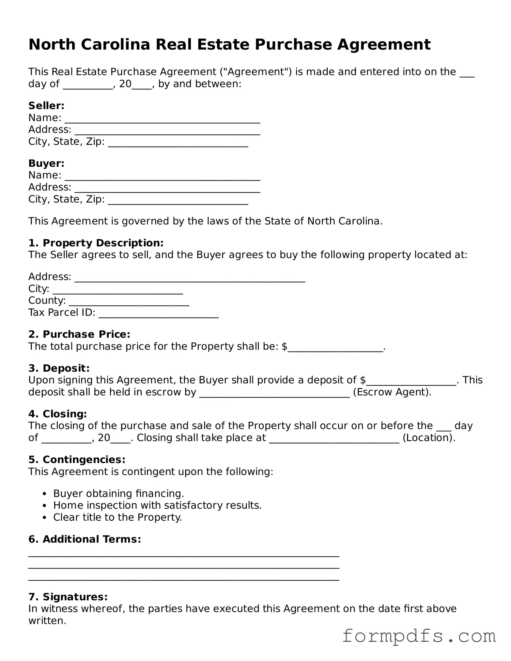 Printable Real Estate Purchase Agreement Form for the State of North Carolina