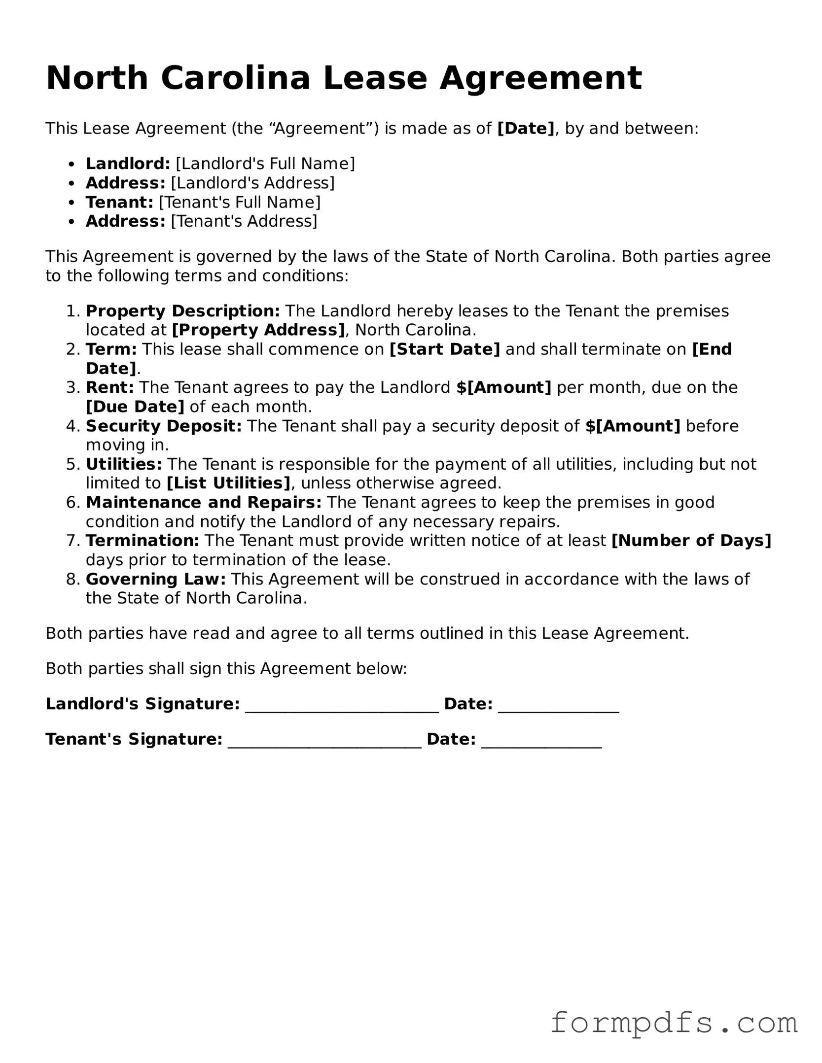 Printable Lease Agreement Form for the State of North Carolina