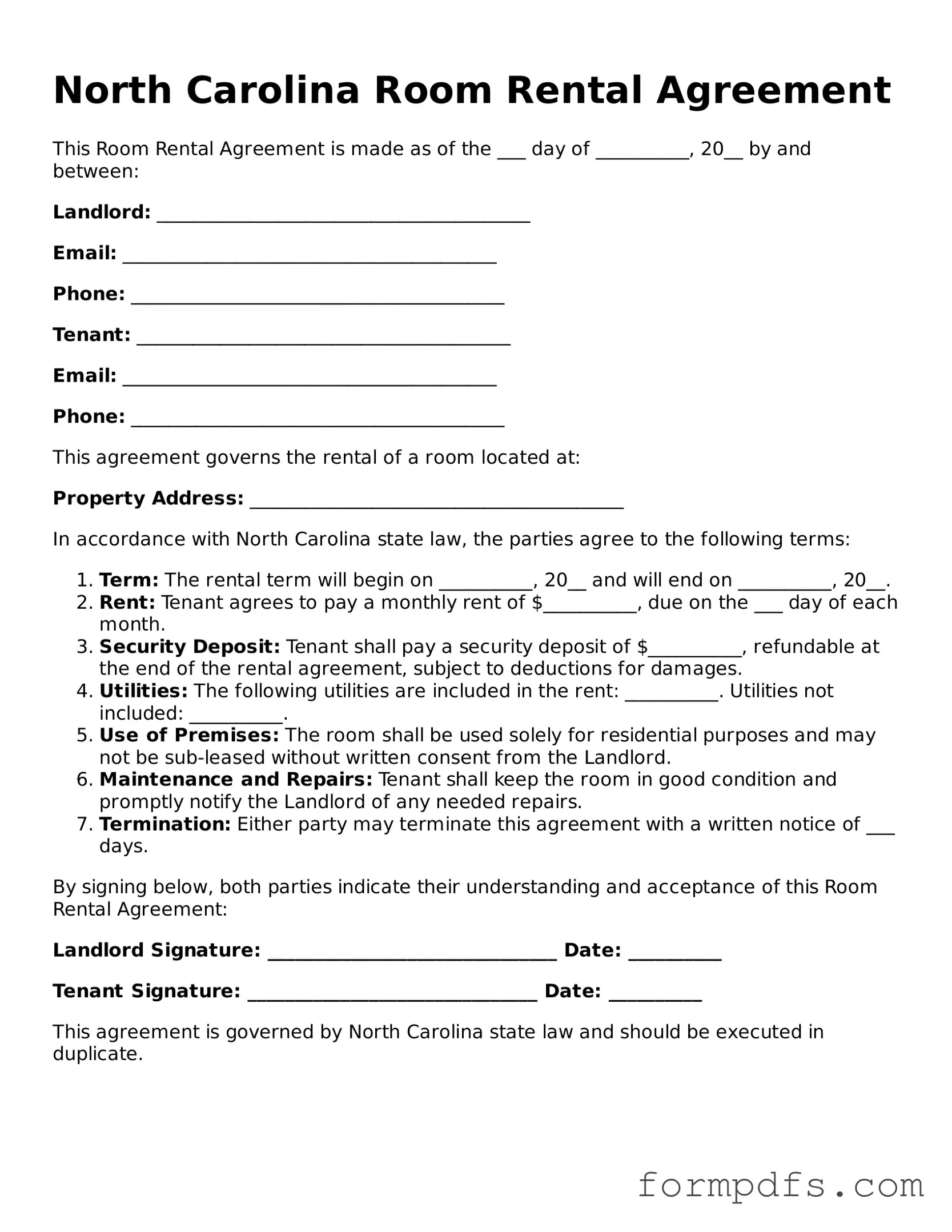 Printable Room Rental Agreement Form for the State of North Carolina