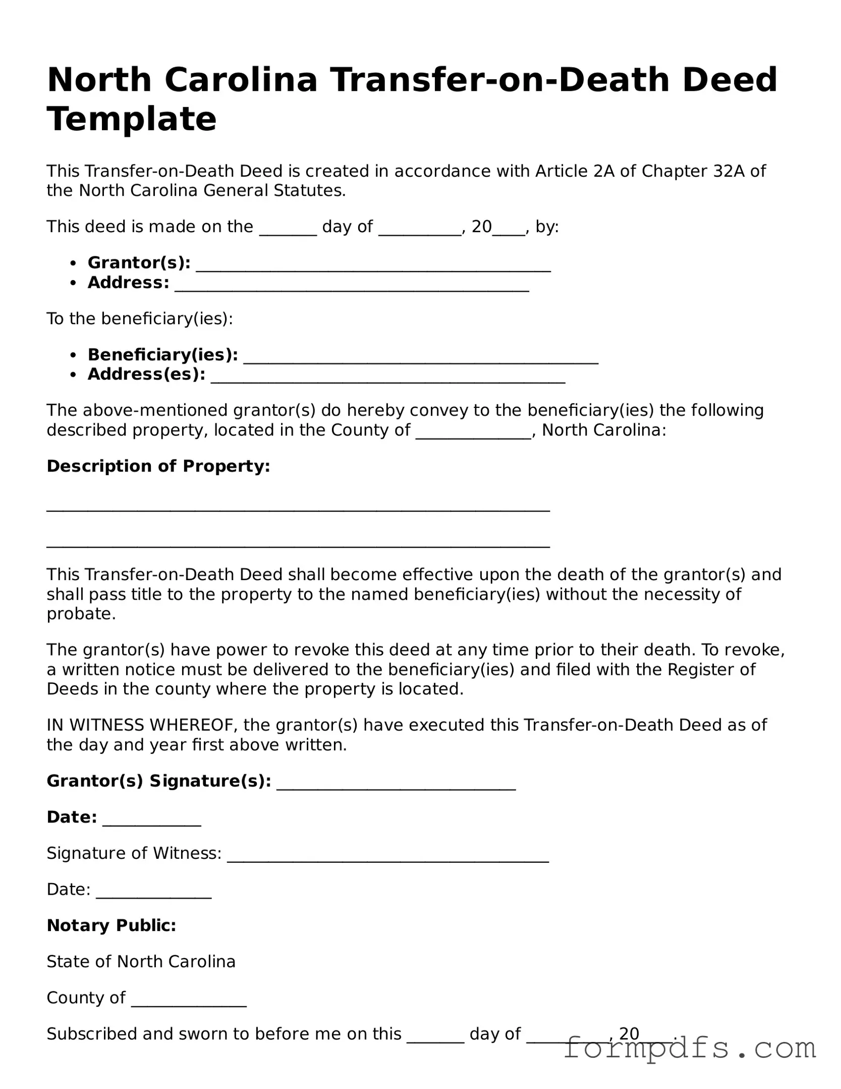 Printable Transfer-on-Death Deed Form for the State of North Carolina