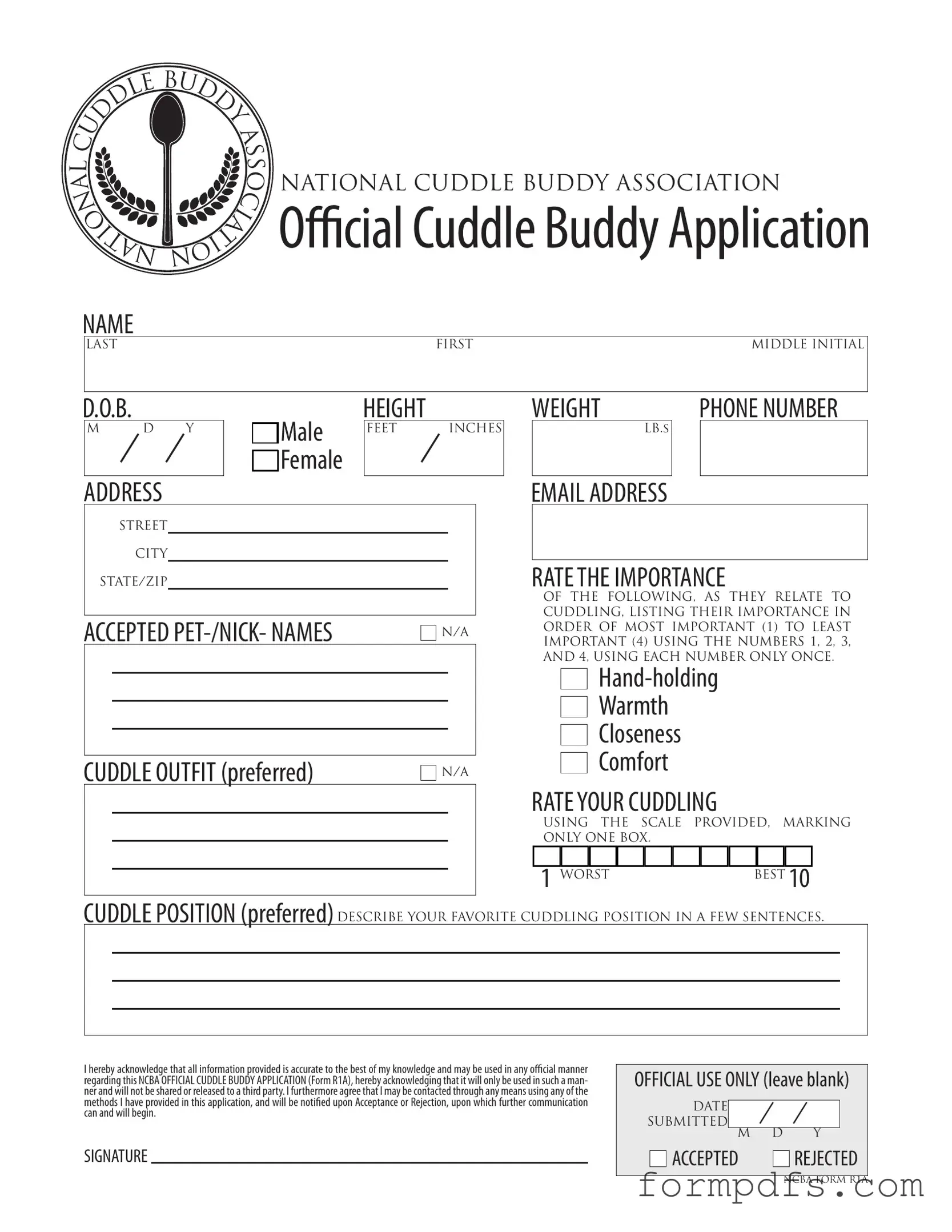 Blank Cuddle Buddy Application PDF Form