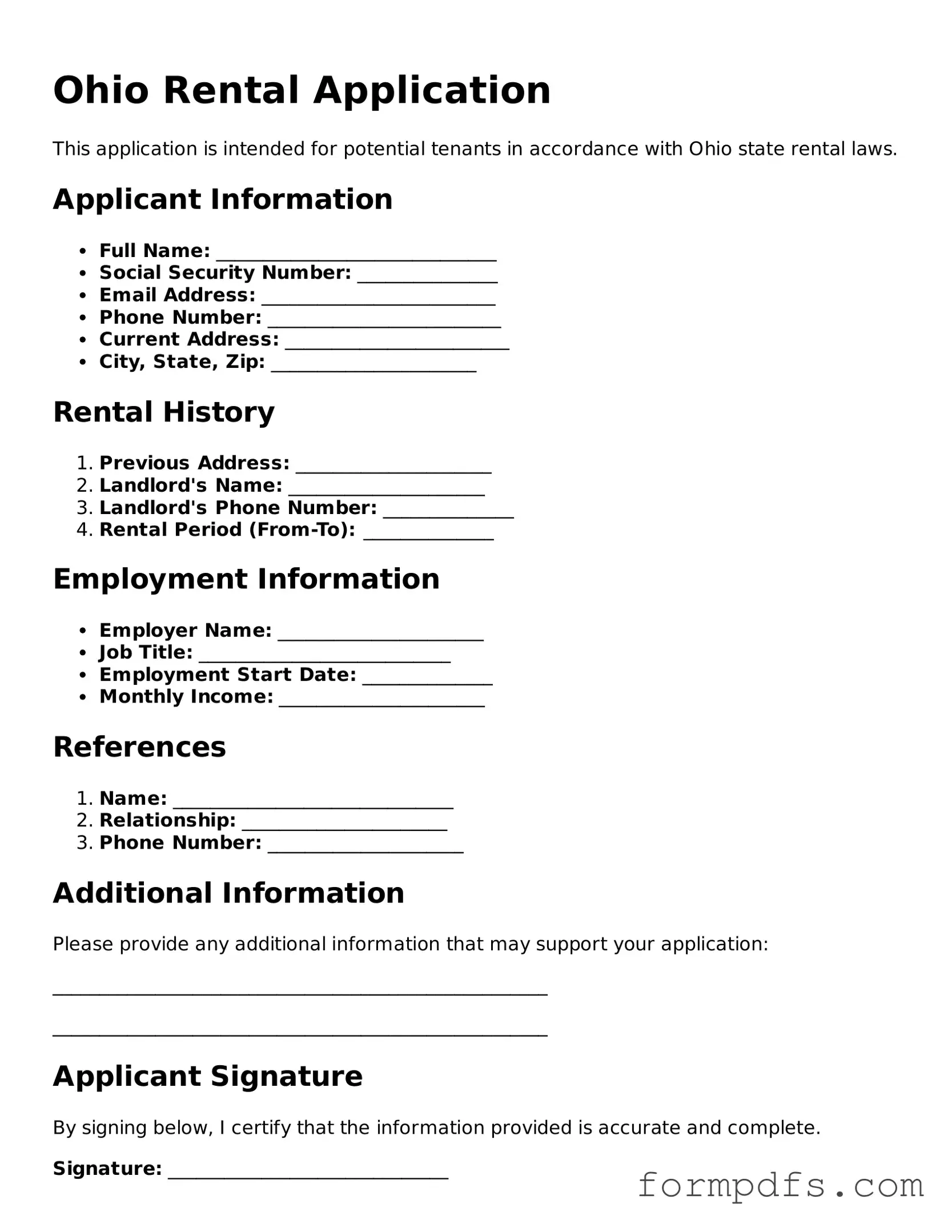 Printable Rental Application Form for the State of Ohio