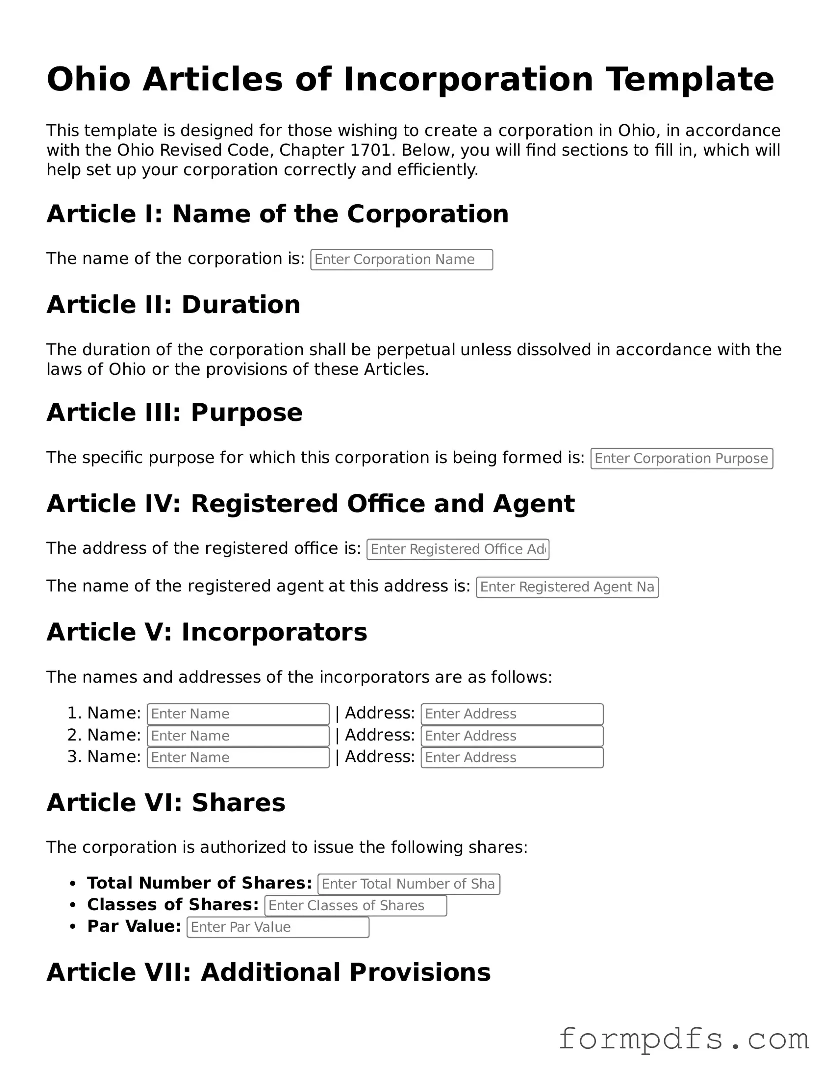 Printable Articles of Incorporation Form for the State of Ohio