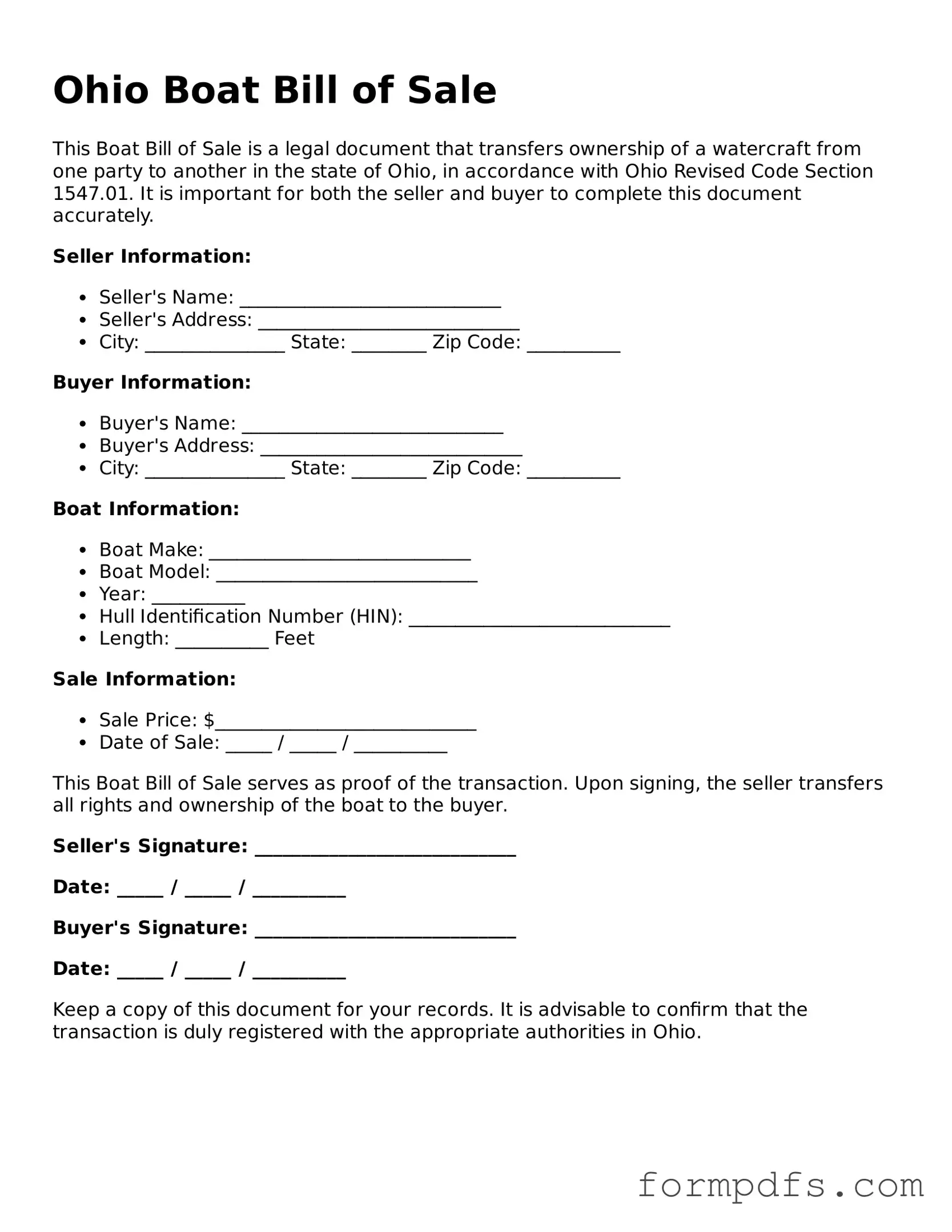 Printable Boat Bill of Sale Form for the State of Ohio