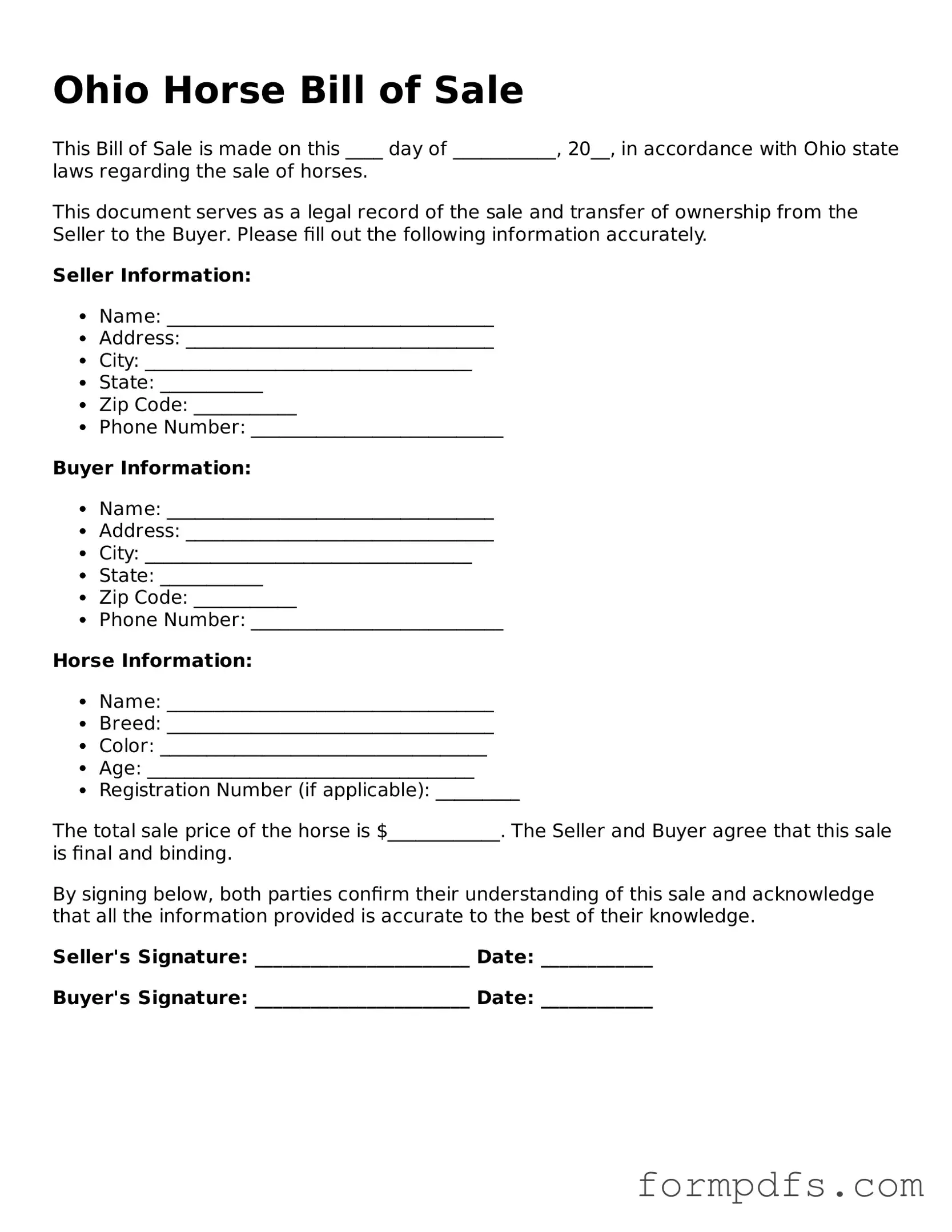 Printable Horse Bill of Sale Form for the State of Ohio