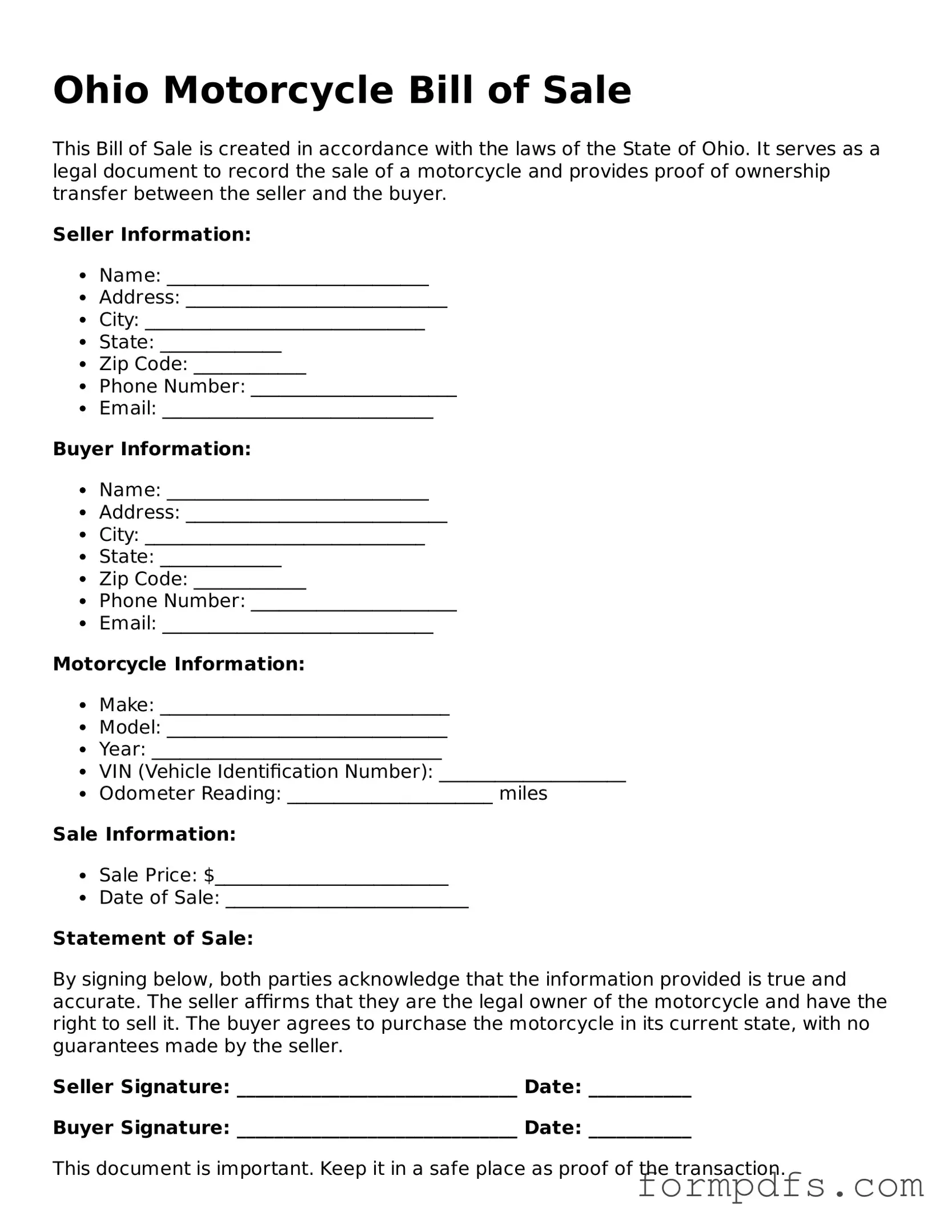 Printable Motorcycle Bill of Sale Form for the State of Ohio
