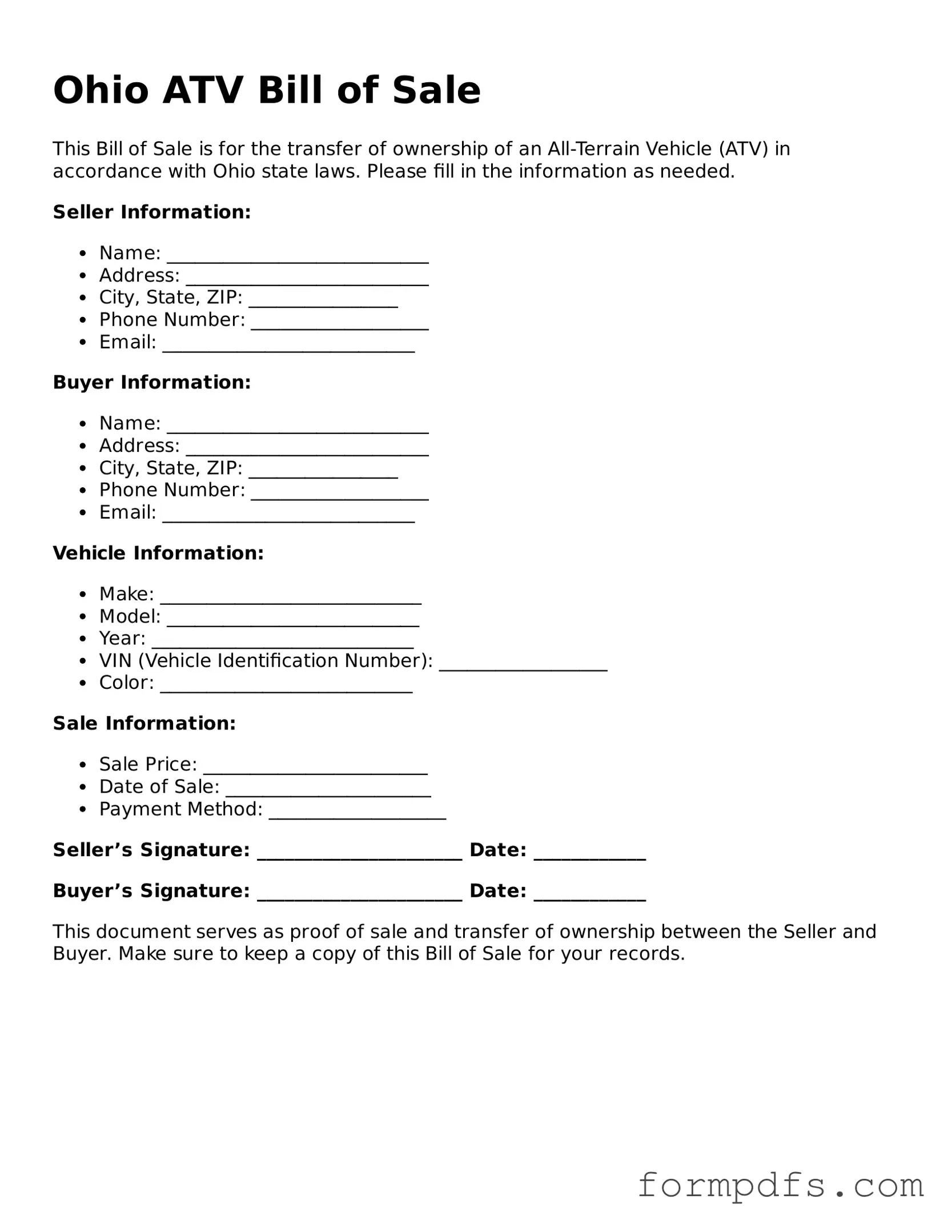 Printable ATV Bill of Sale Form for the State of Ohio