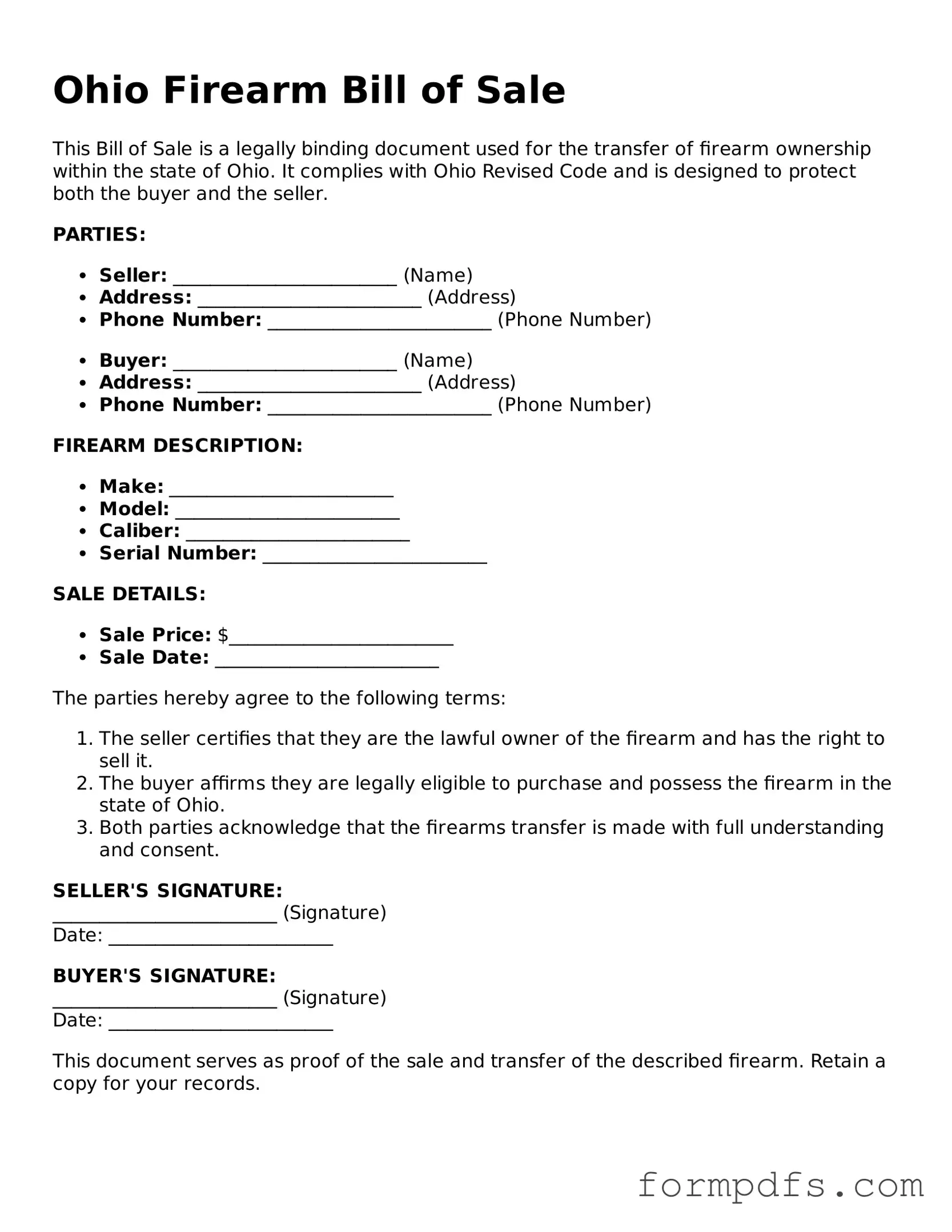 Printable Firearm Bill of Sale Form for the State of Ohio