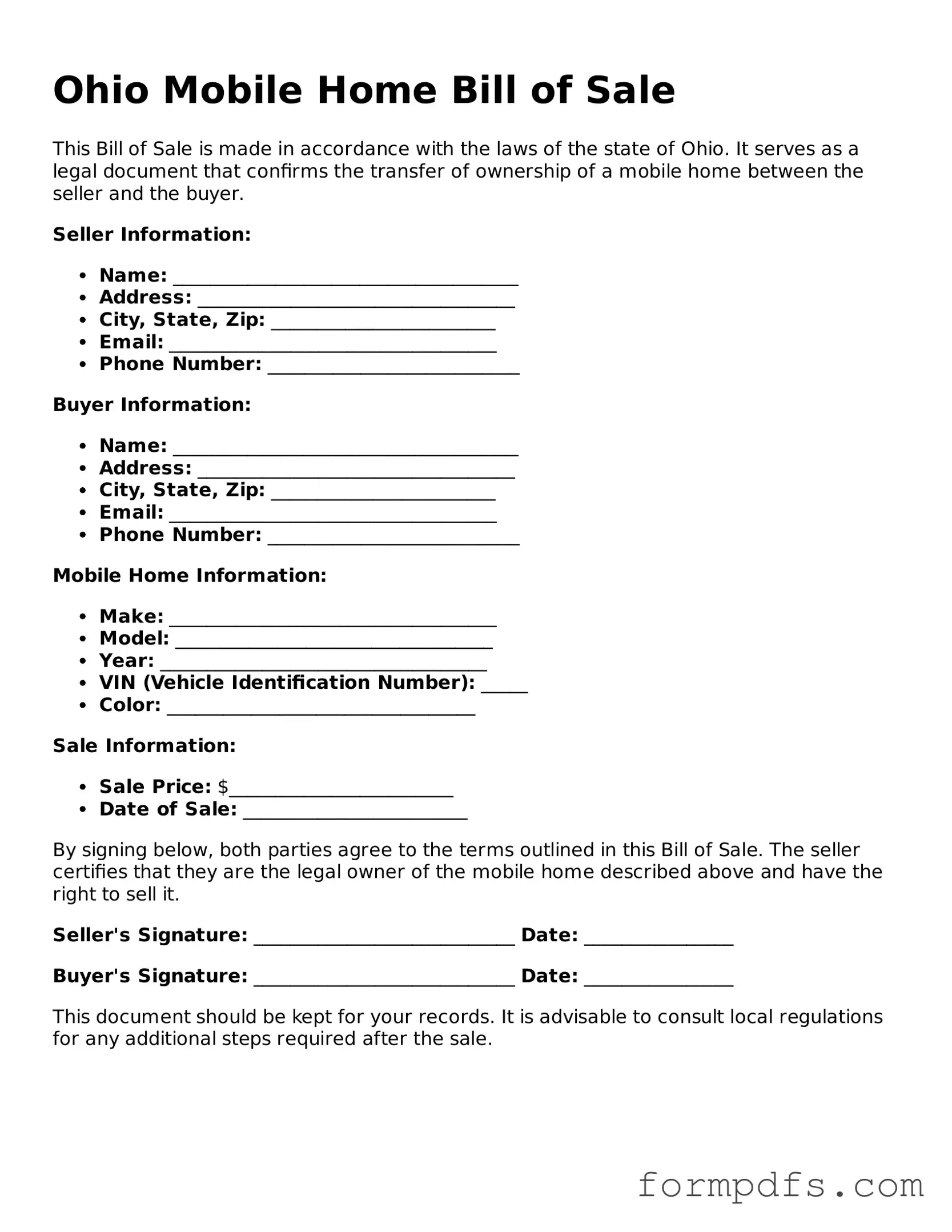 Printable Mobile Home Bill of Sale Form for the State of Ohio