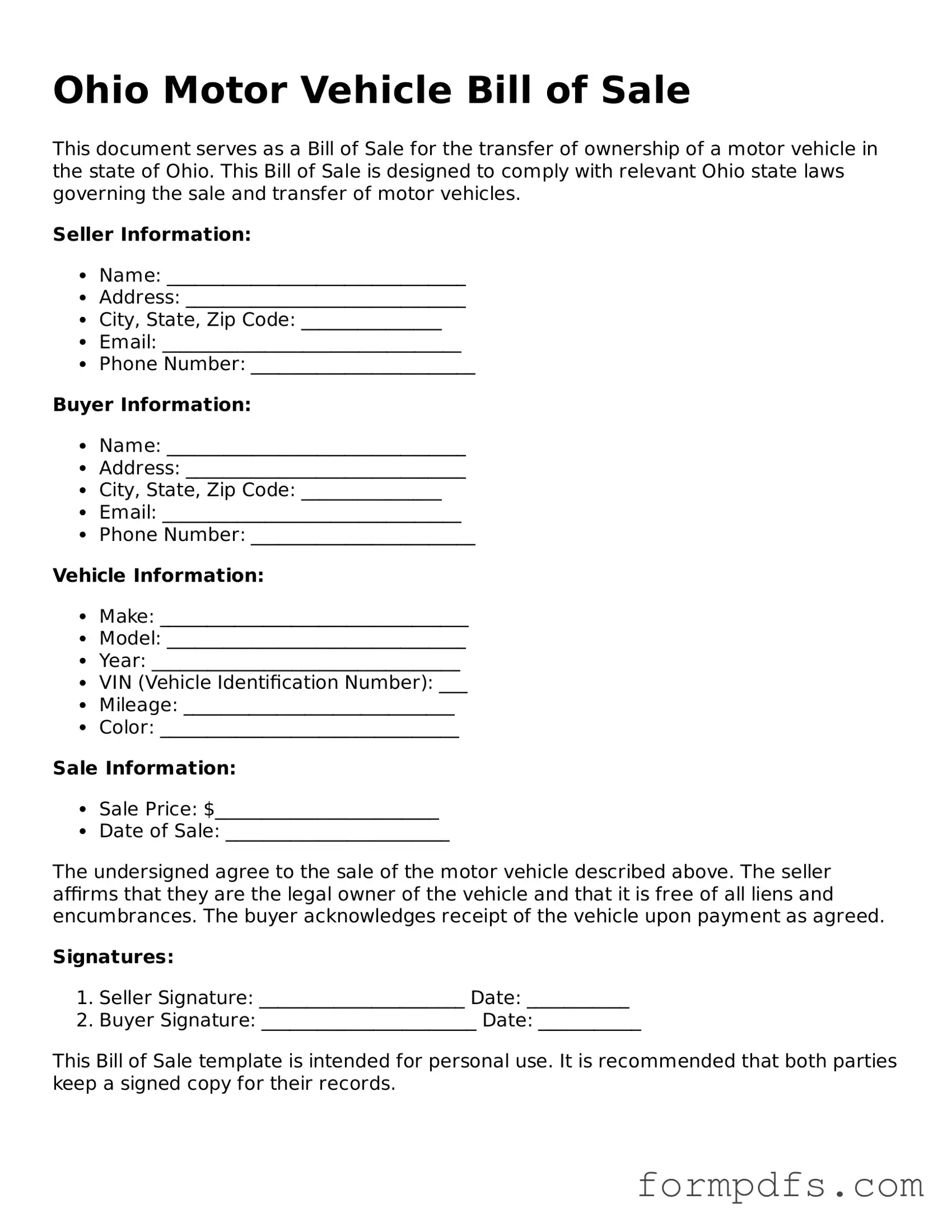 Printable Motor Vehicle Bill of Sale Form for the State of Ohio