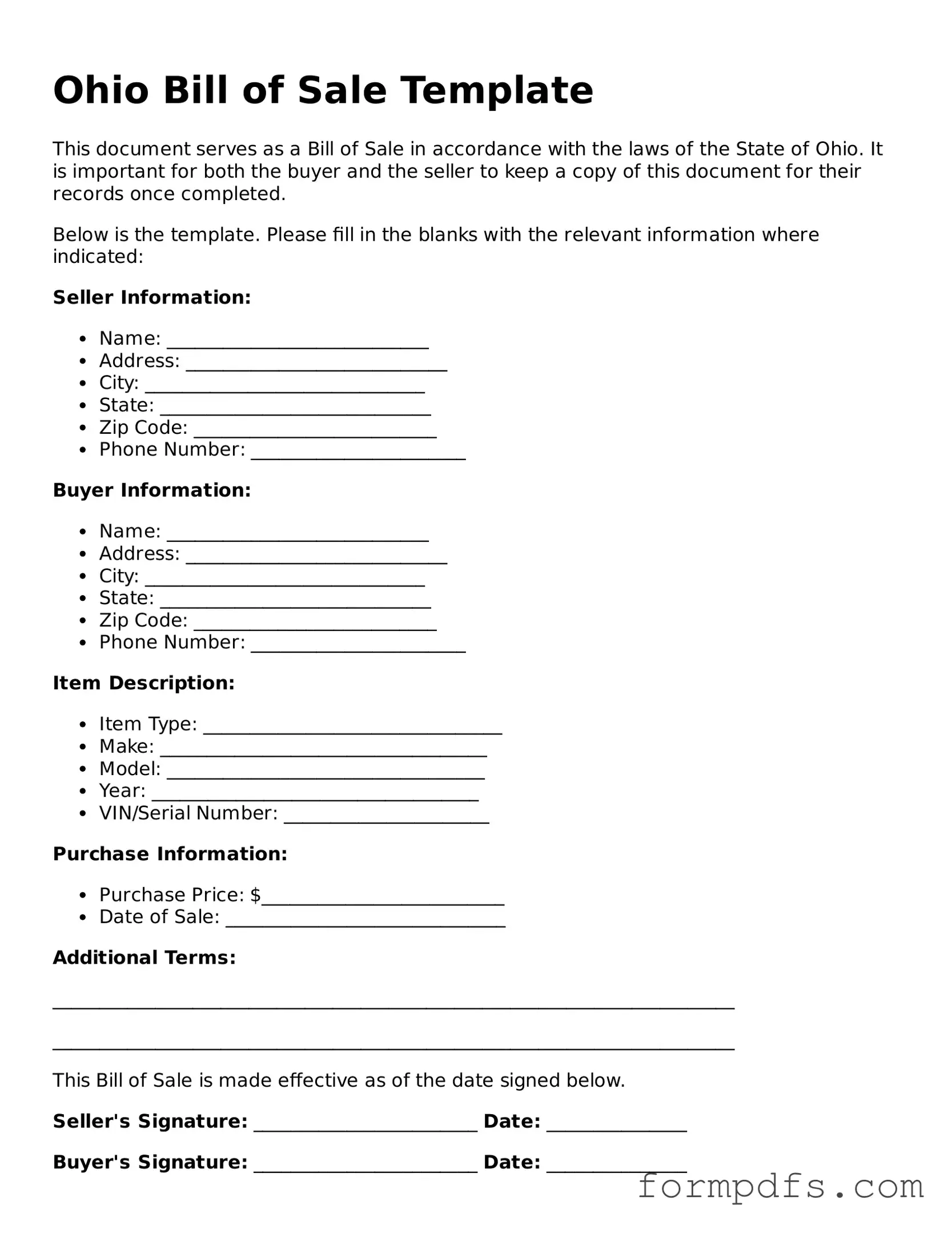 Printable Bill of Sale Form for the State of Ohio