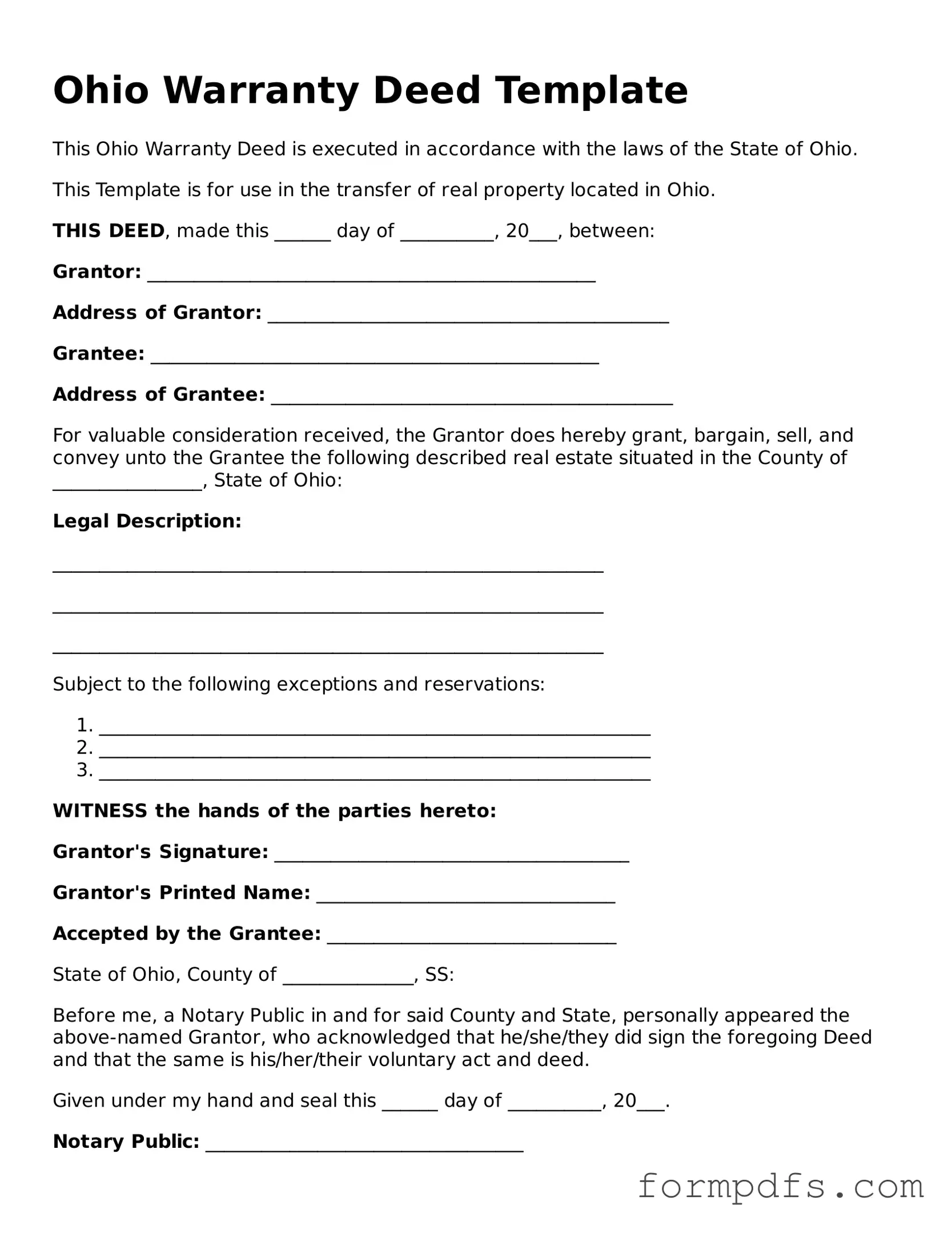 Printable Deed Form for the State of Ohio