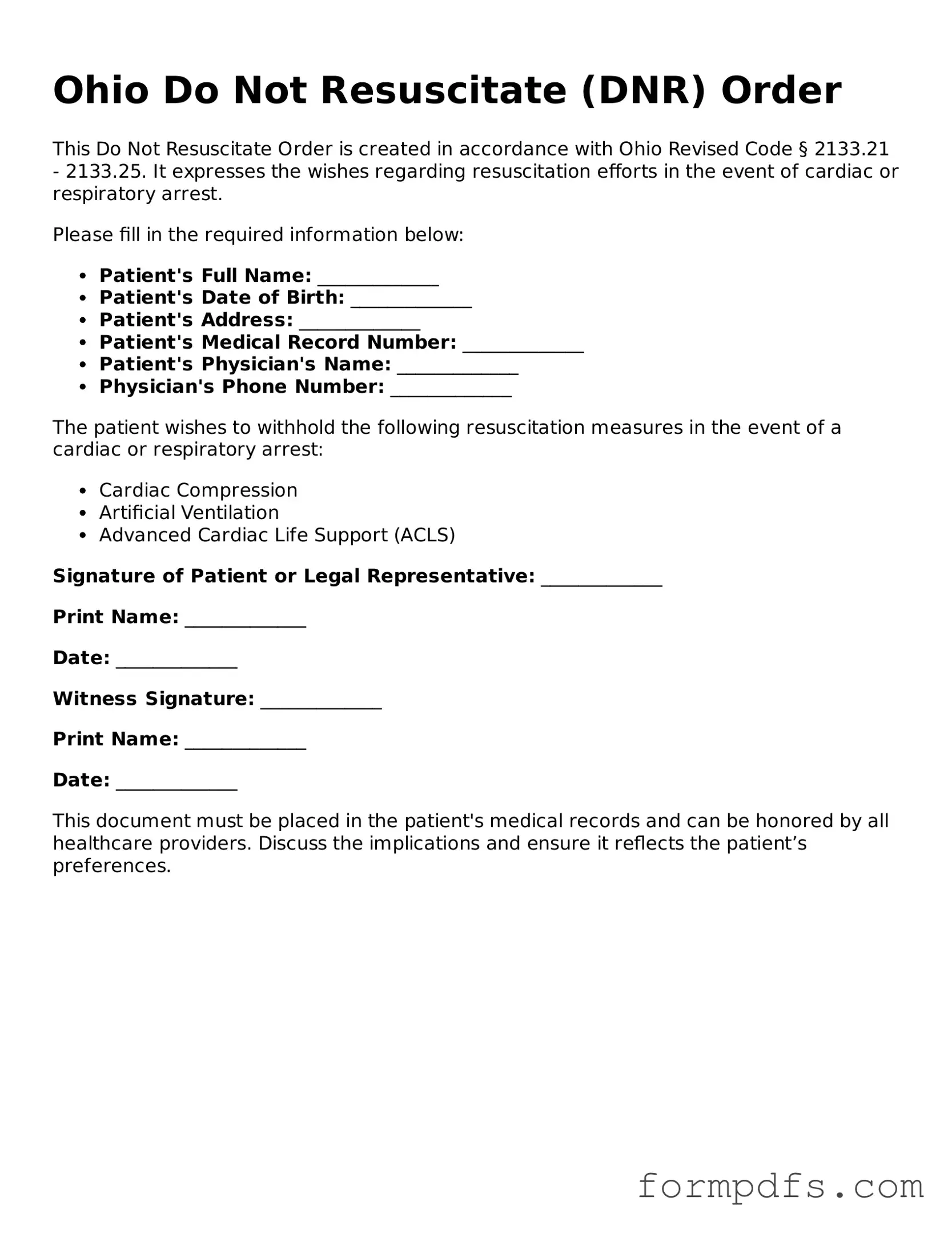 Printable Do Not Resuscitate Order Form for the State of Ohio
