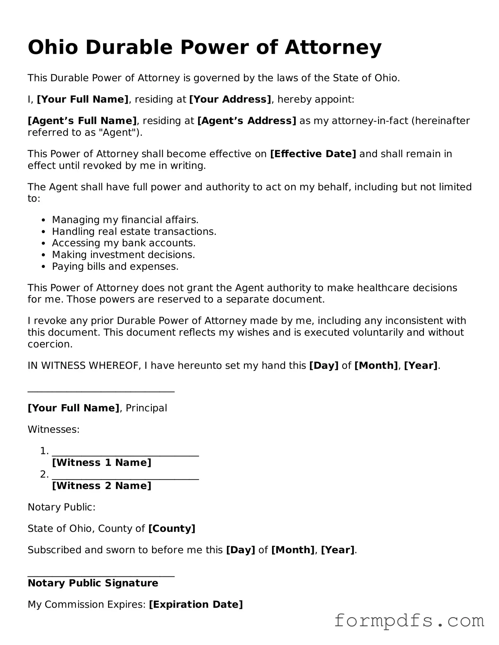 Printable Durable Power of Attorney Form for the State of Ohio
