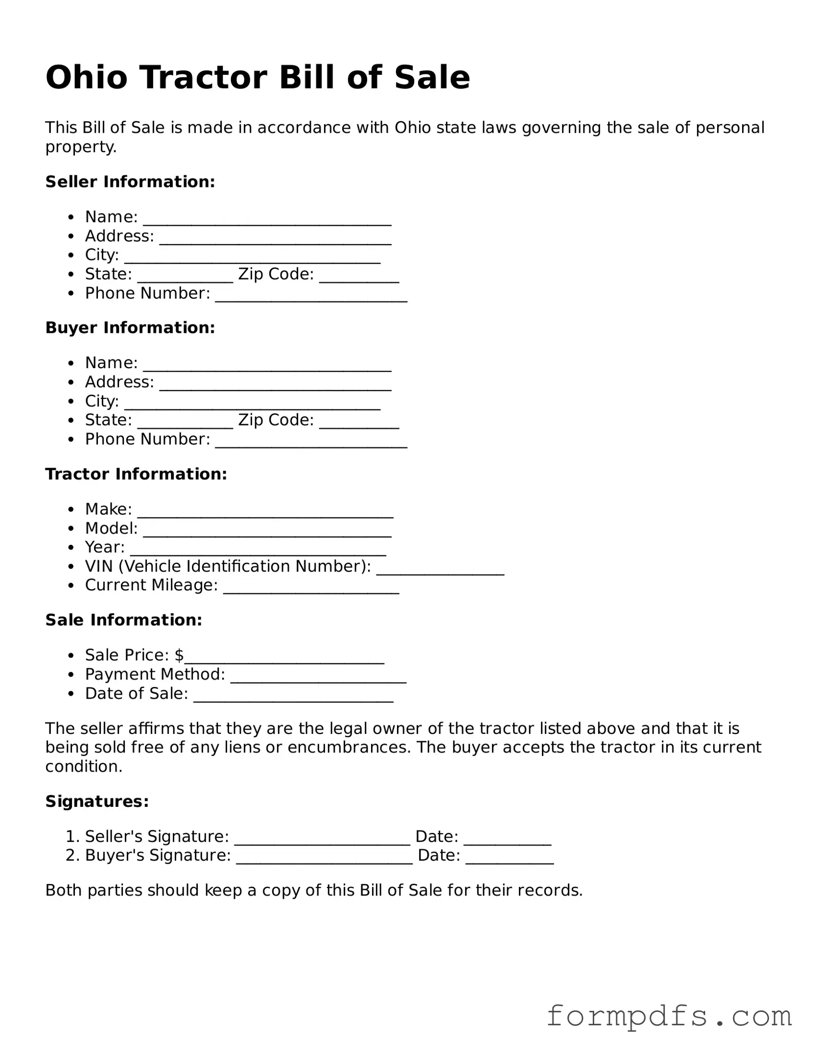 Printable Tractor Bill of Sale Form for the State of Ohio
