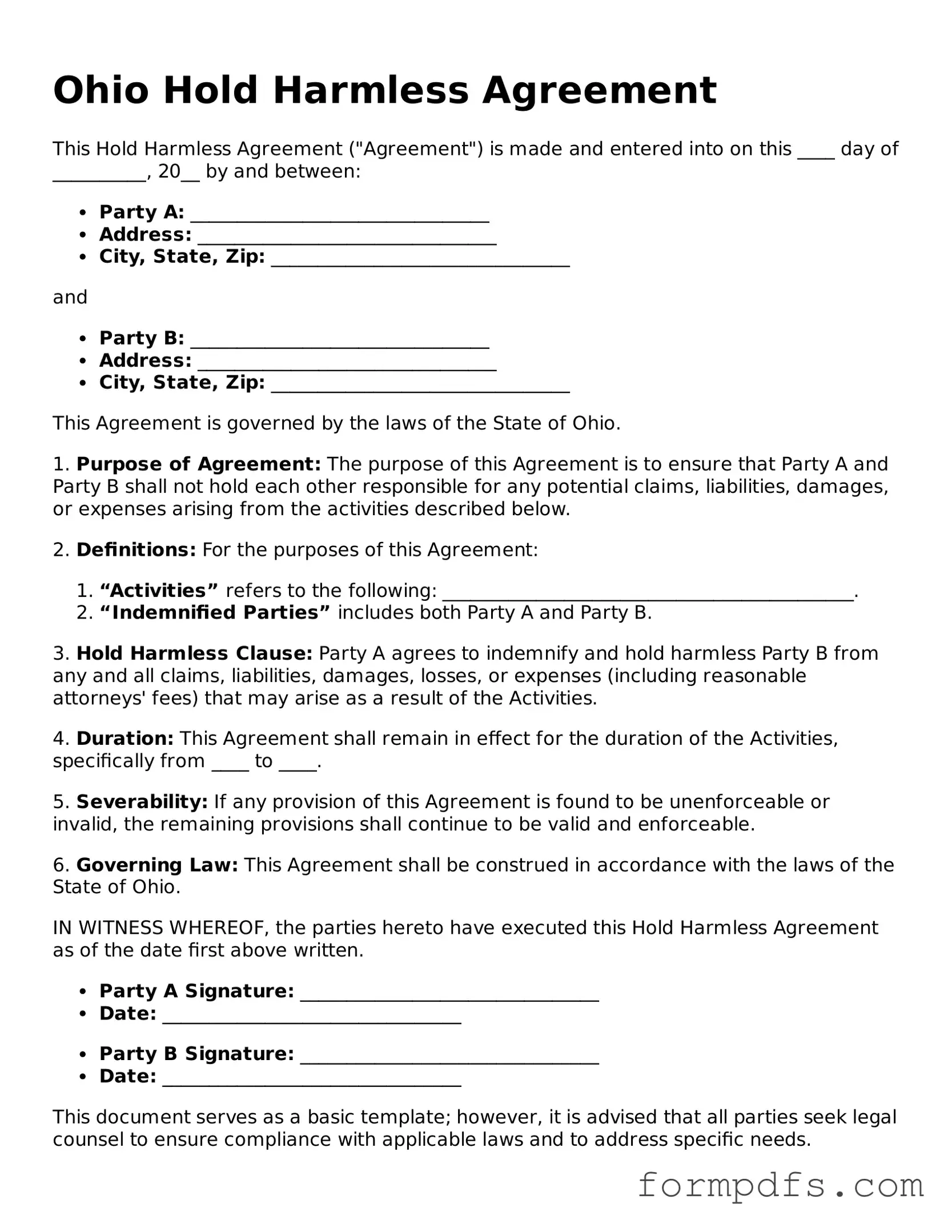 Printable Hold Harmless Agreement Form for the State of Ohio