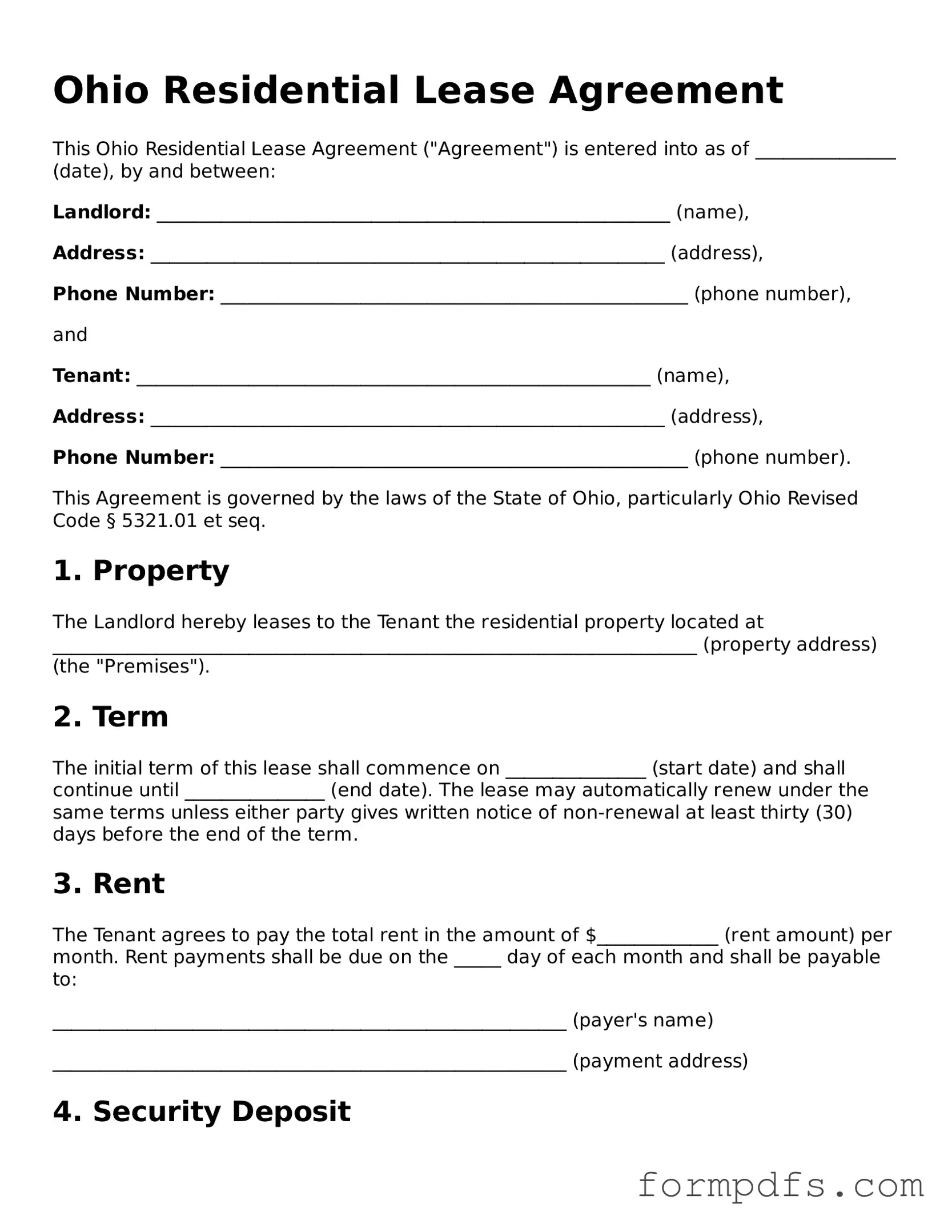 Printable Residential Lease Agreement Form for the State of Ohio