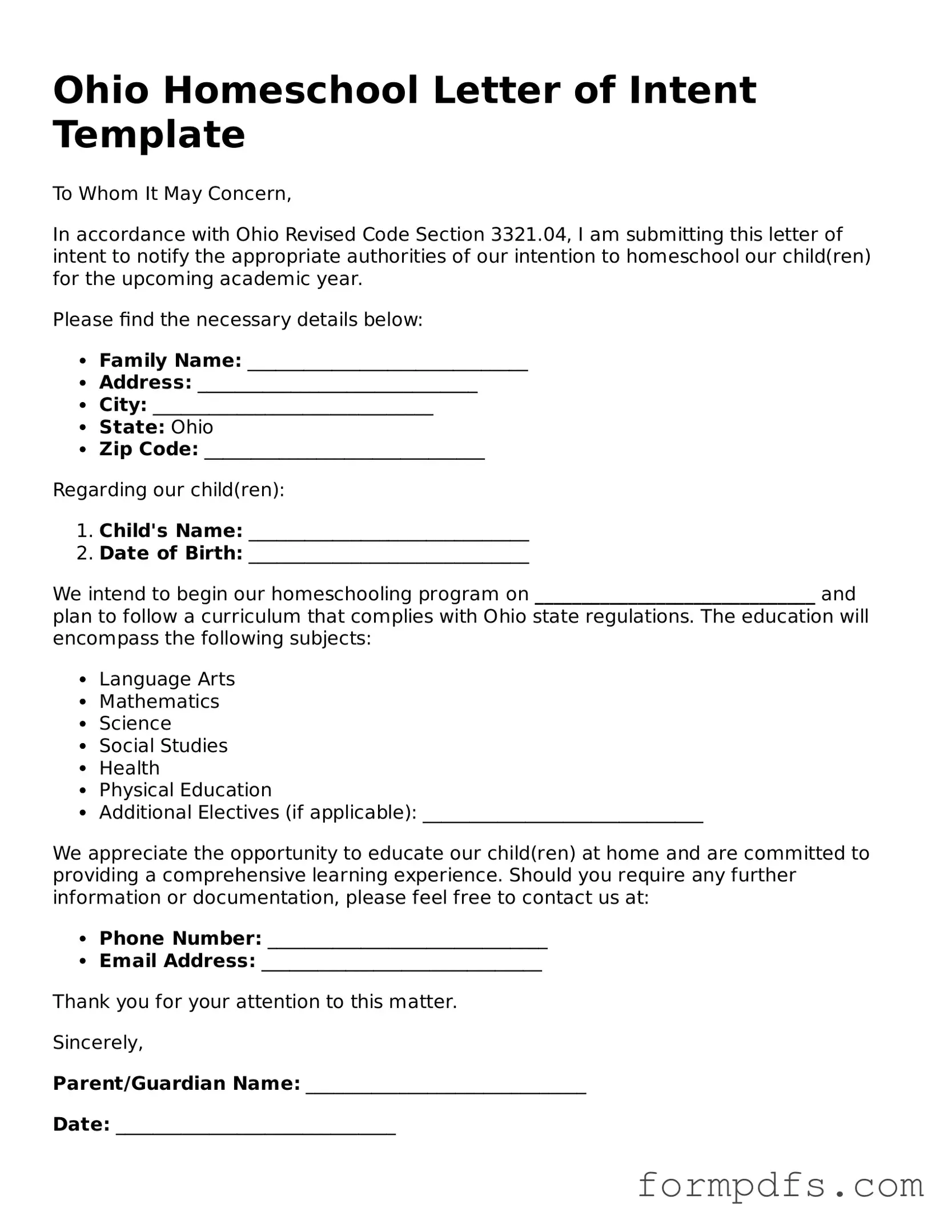 Printable Homeschool Letter of Intent Form for the State of Ohio