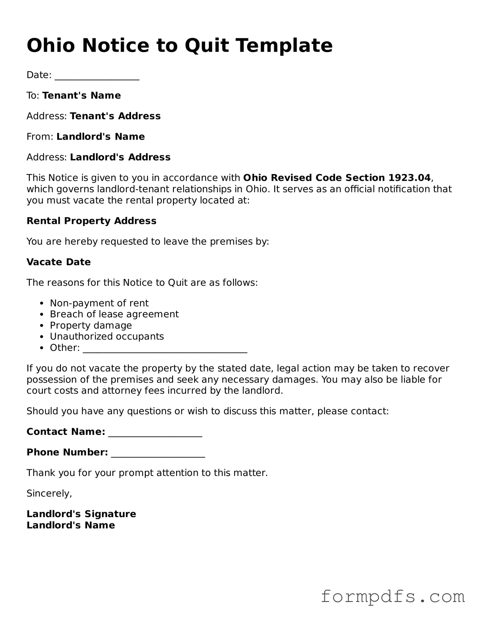 Printable Notice to Quit Form for the State of Ohio