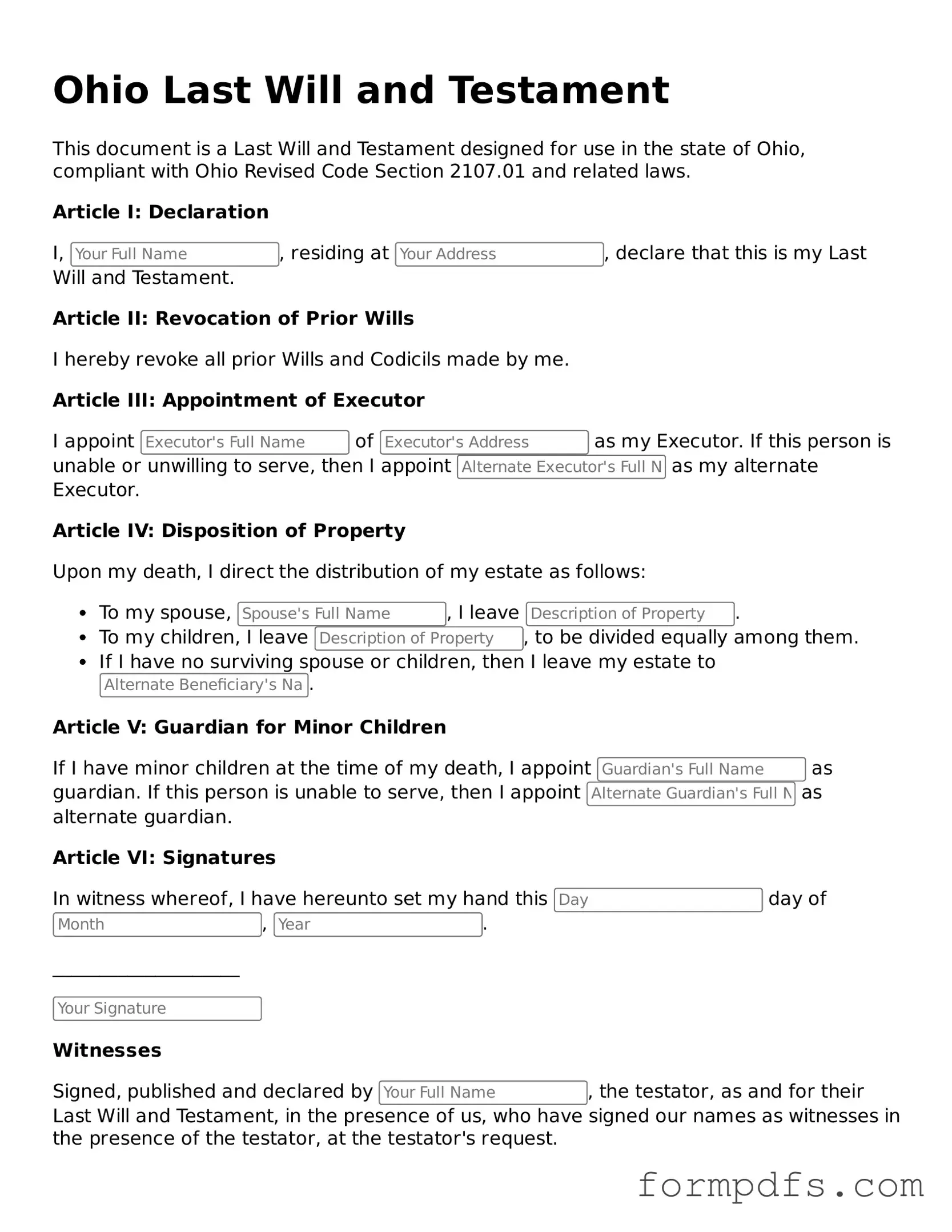 Printable Last Will and Testament Form for the State of Ohio