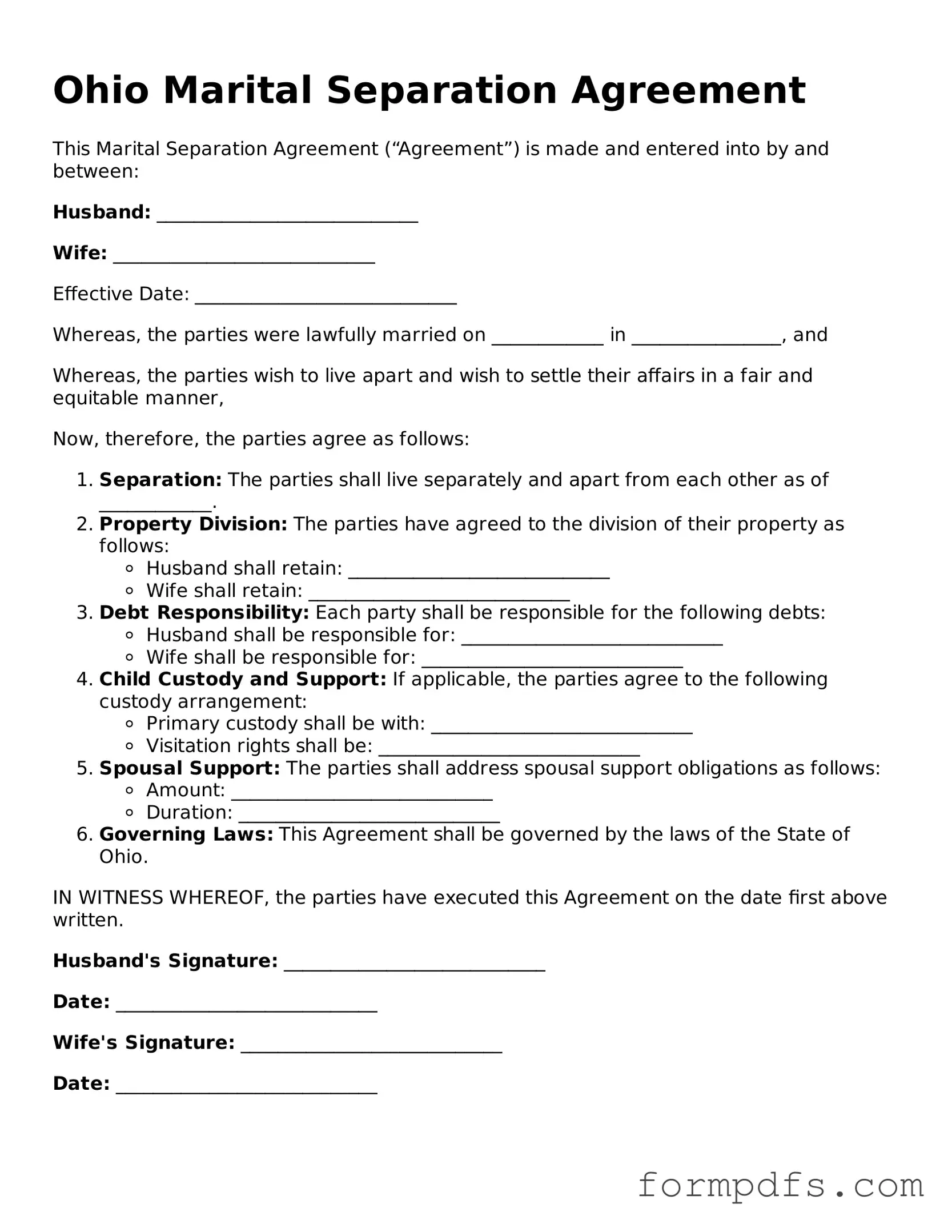 Printable Marital Separation Agreement Form for the State of Ohio