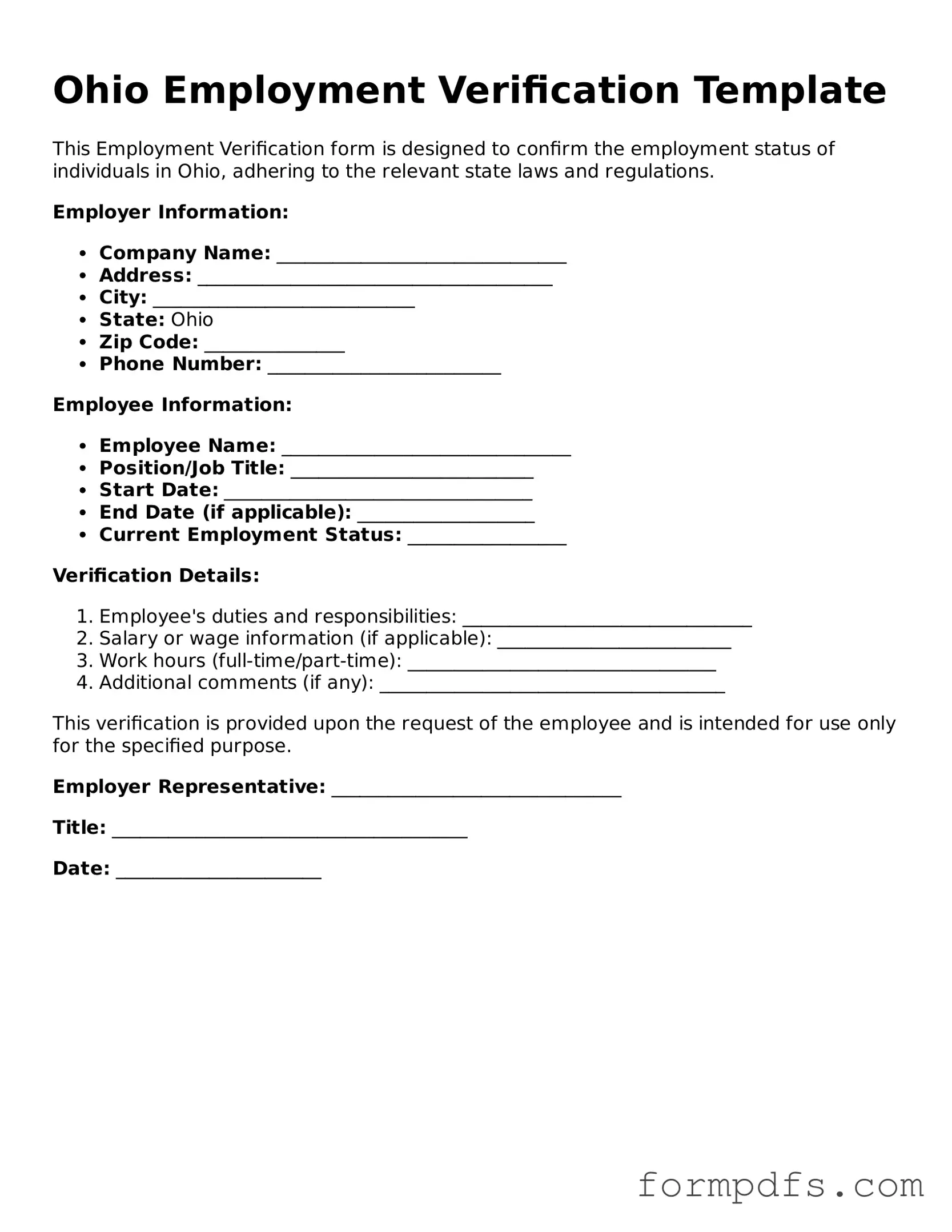 Printable Employment Verification Form for the State of Ohio