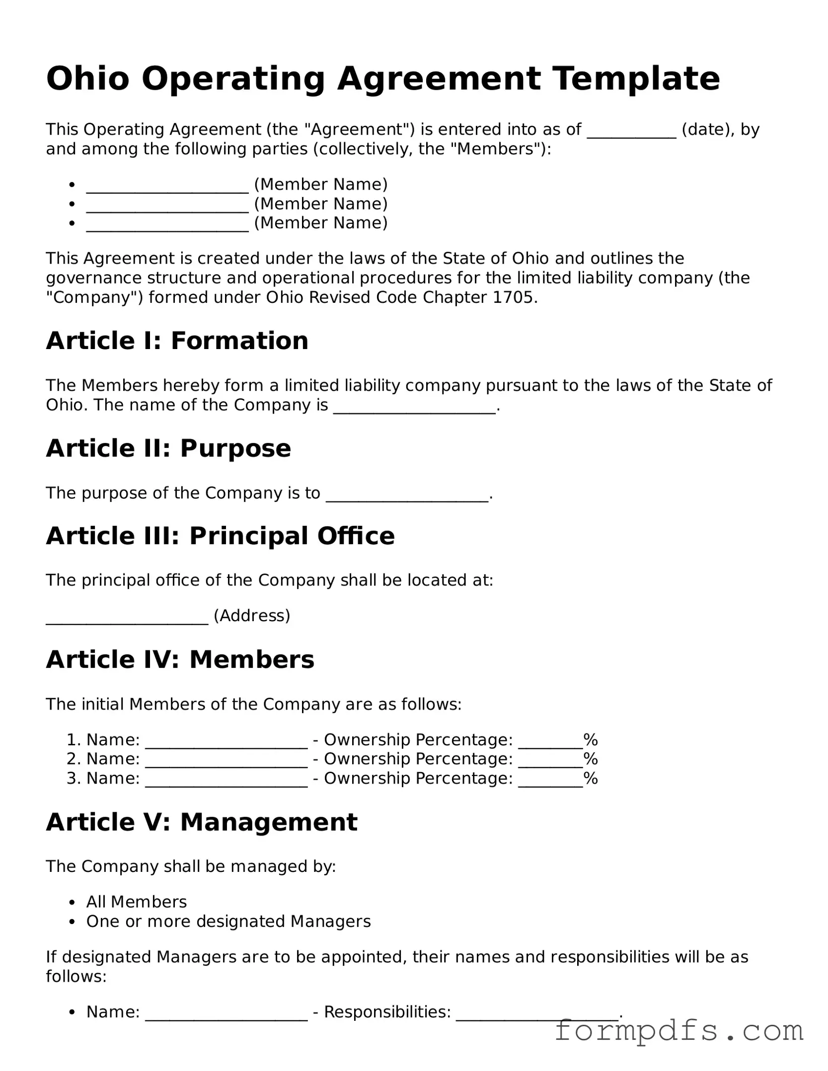 Printable Operating Agreement Form for the State of Ohio