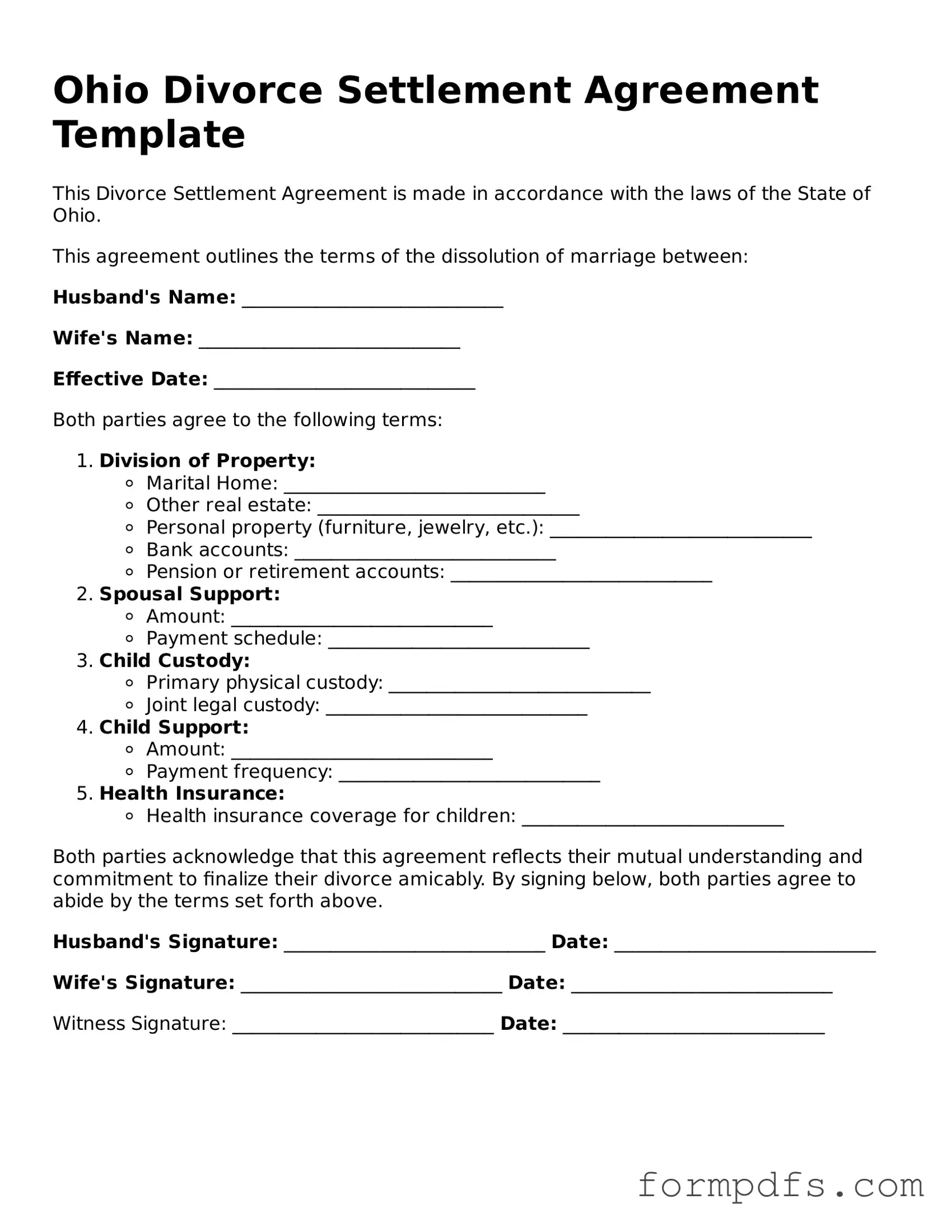 Printable Divorce Settlement Agreement Form for the State of Ohio