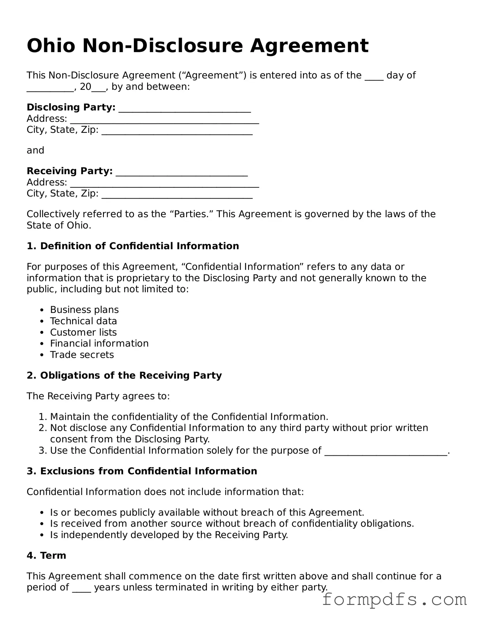 Printable Non-disclosure Agreement Form for the State of Ohio