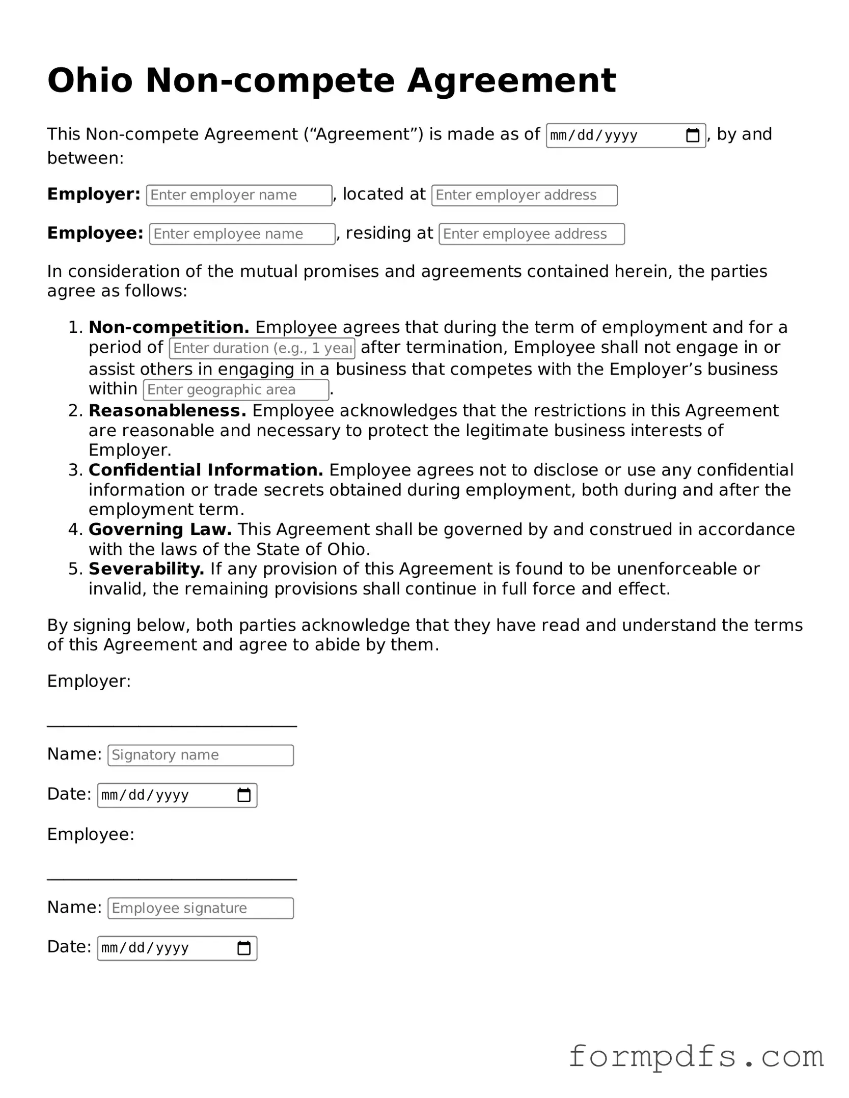 Printable Non-compete Agreement Form for the State of Ohio