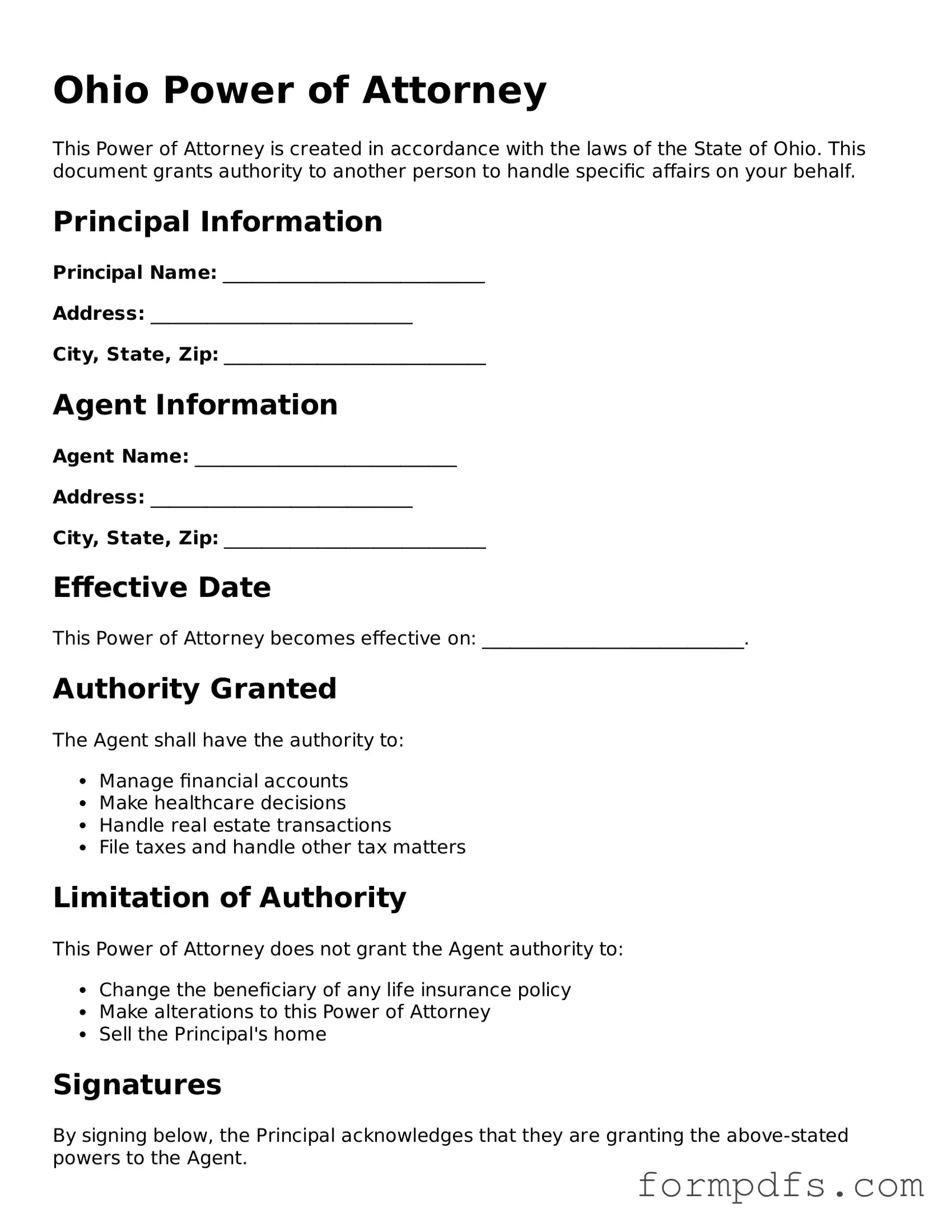 Printable Power of Attorney Form for the State of Ohio