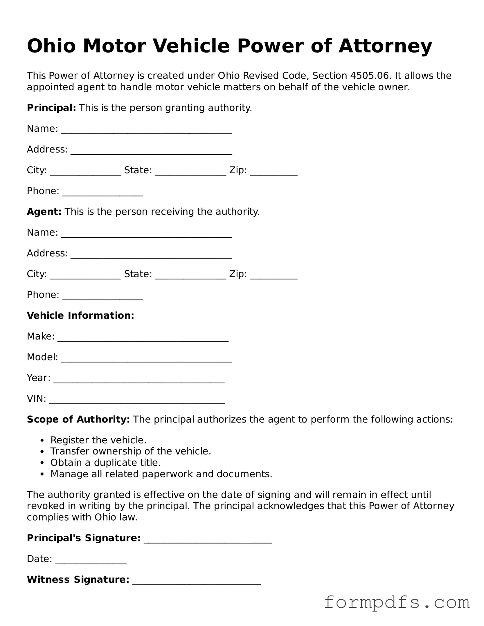 Printable Motor Vehicle Power of Attorney Form for the State of Ohio