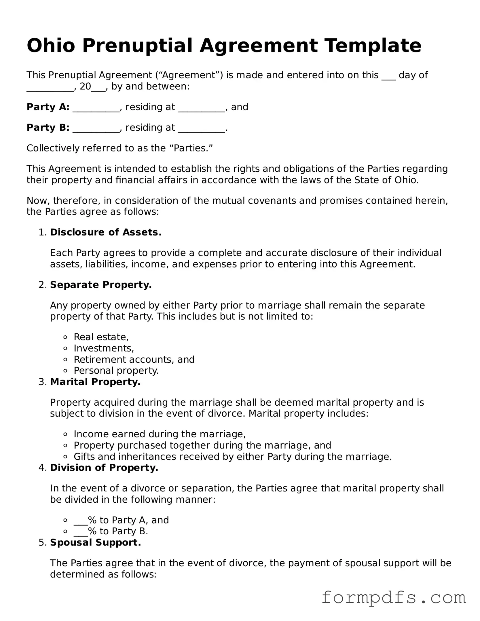 Printable Prenuptial Agreement Form for the State of Ohio