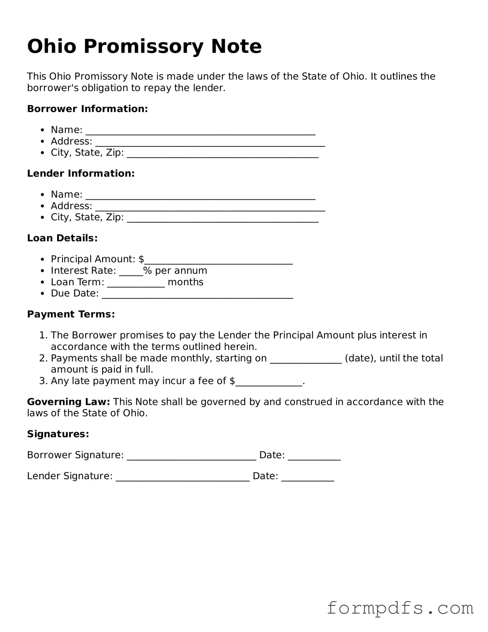 Printable Promissory Note Form for the State of Ohio