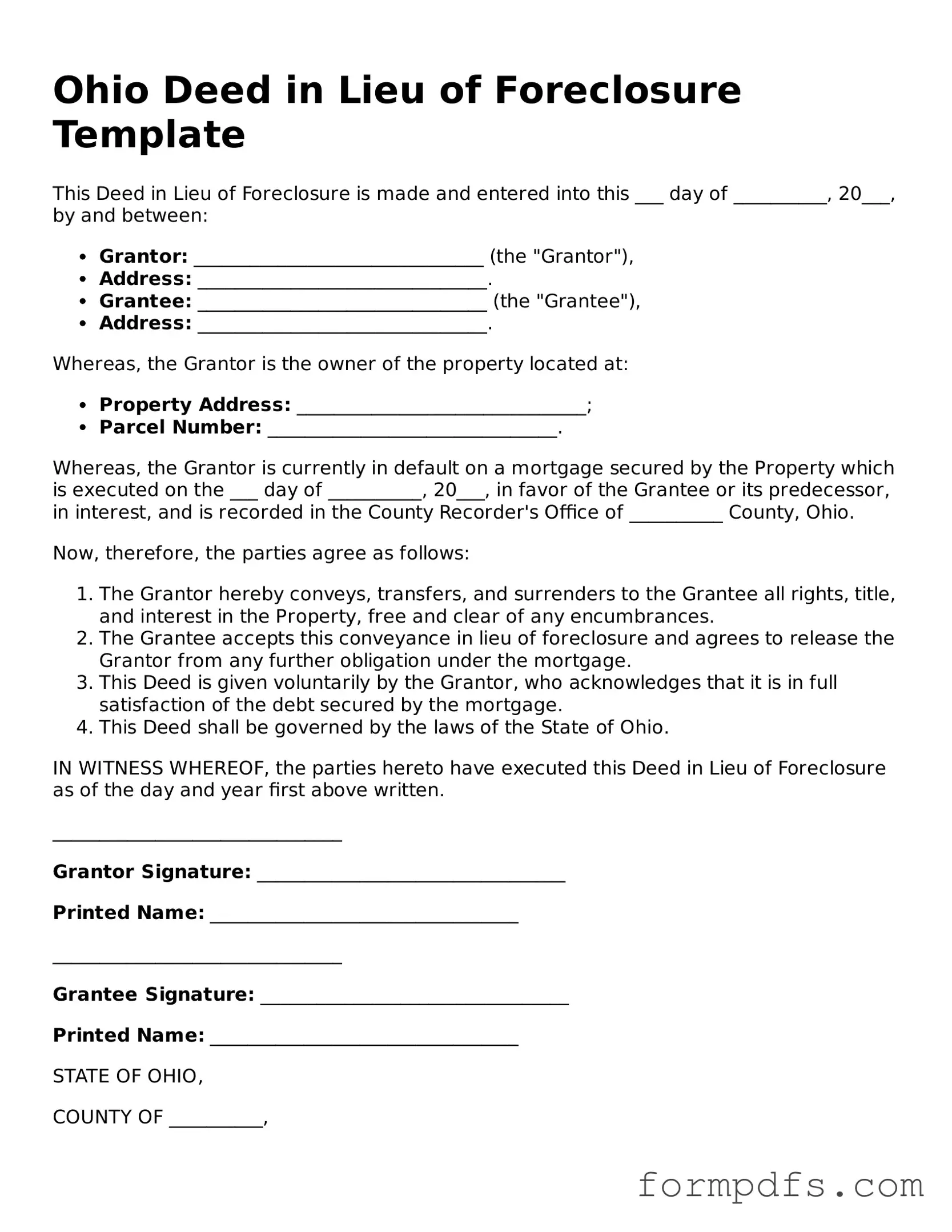 Printable Deed in Lieu of Foreclosure Form for the State of Ohio