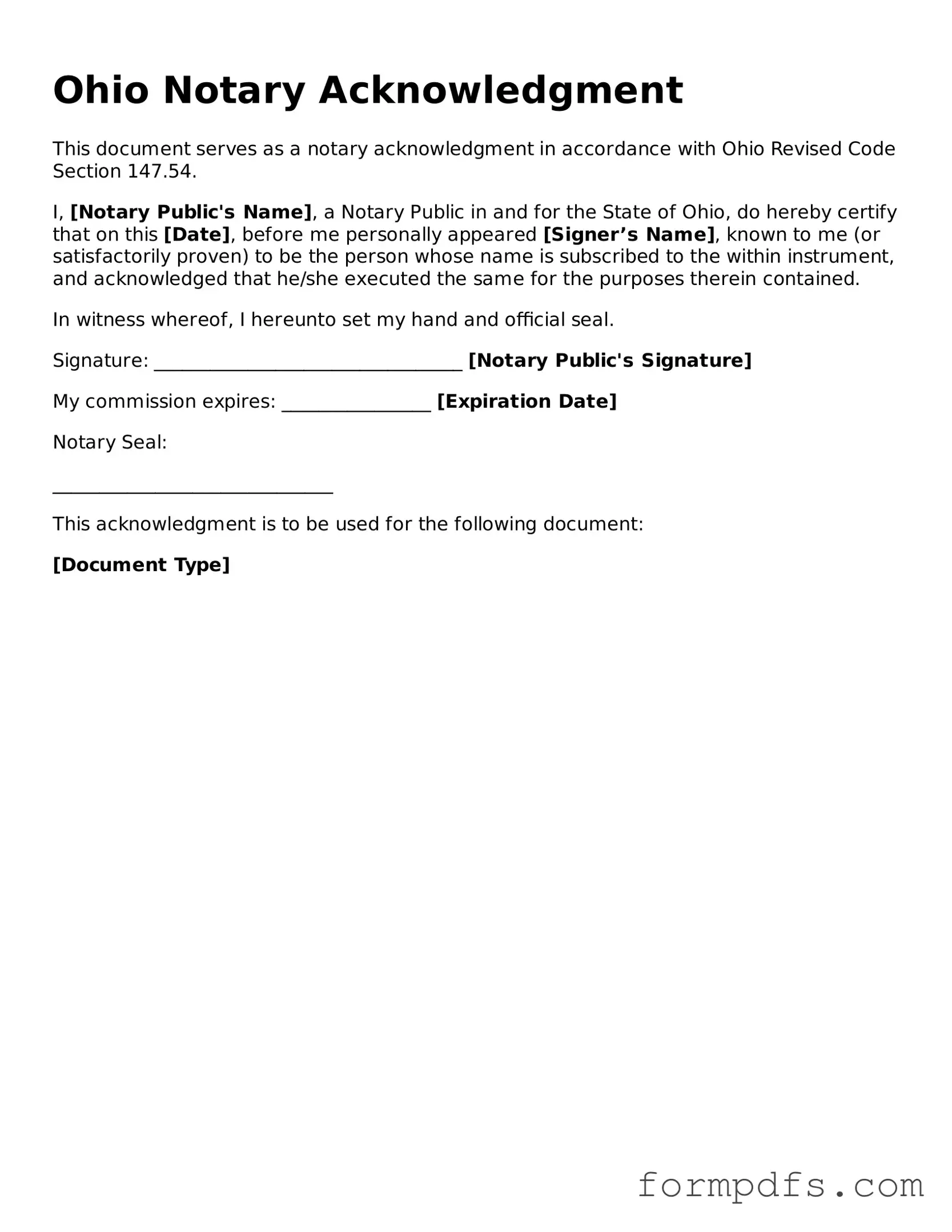 Printable Notary Acknowledgement Form for the State of Ohio