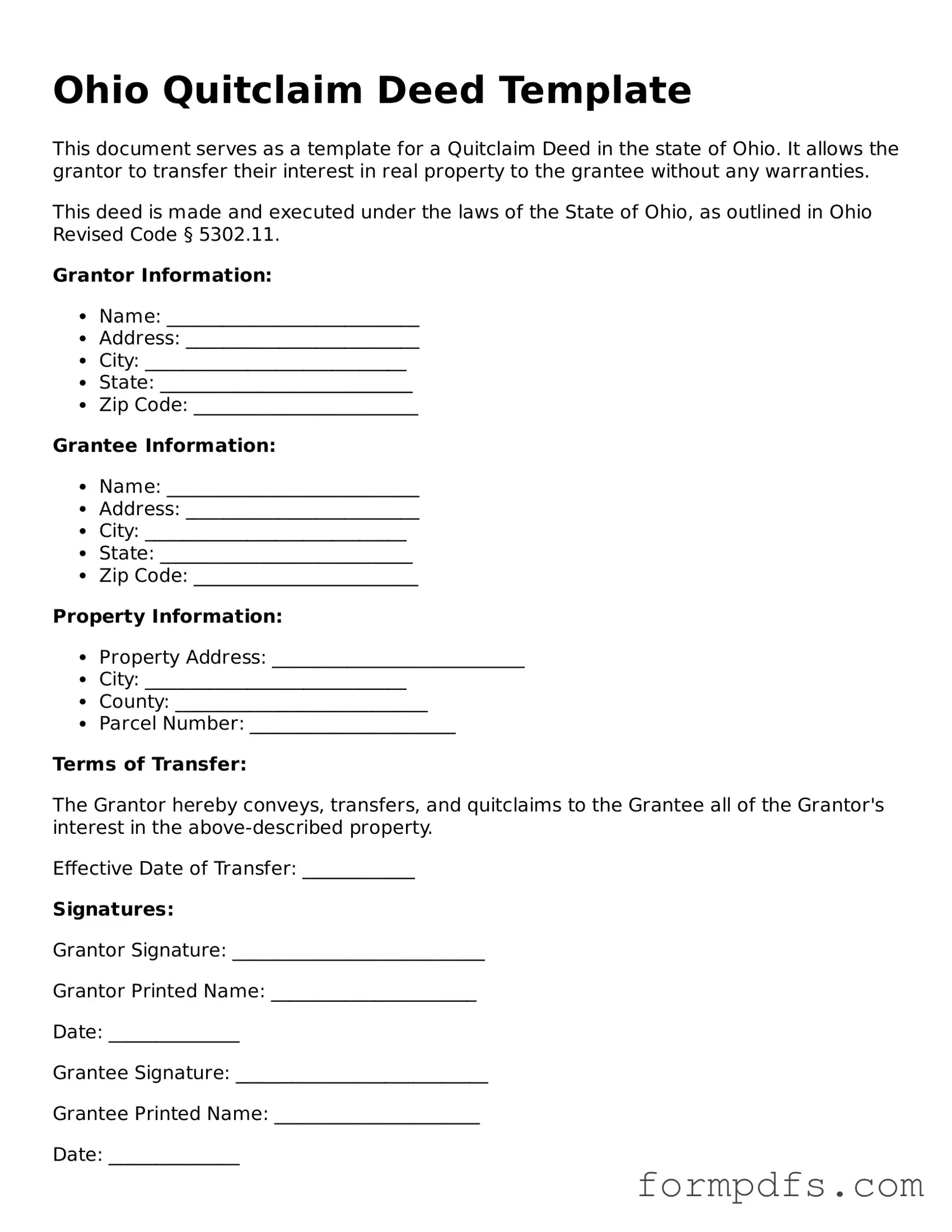 Printable Quitclaim Deed Form for the State of Ohio